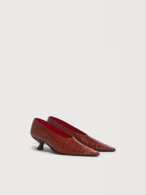 Brown croc-effect leather pump - Pumps