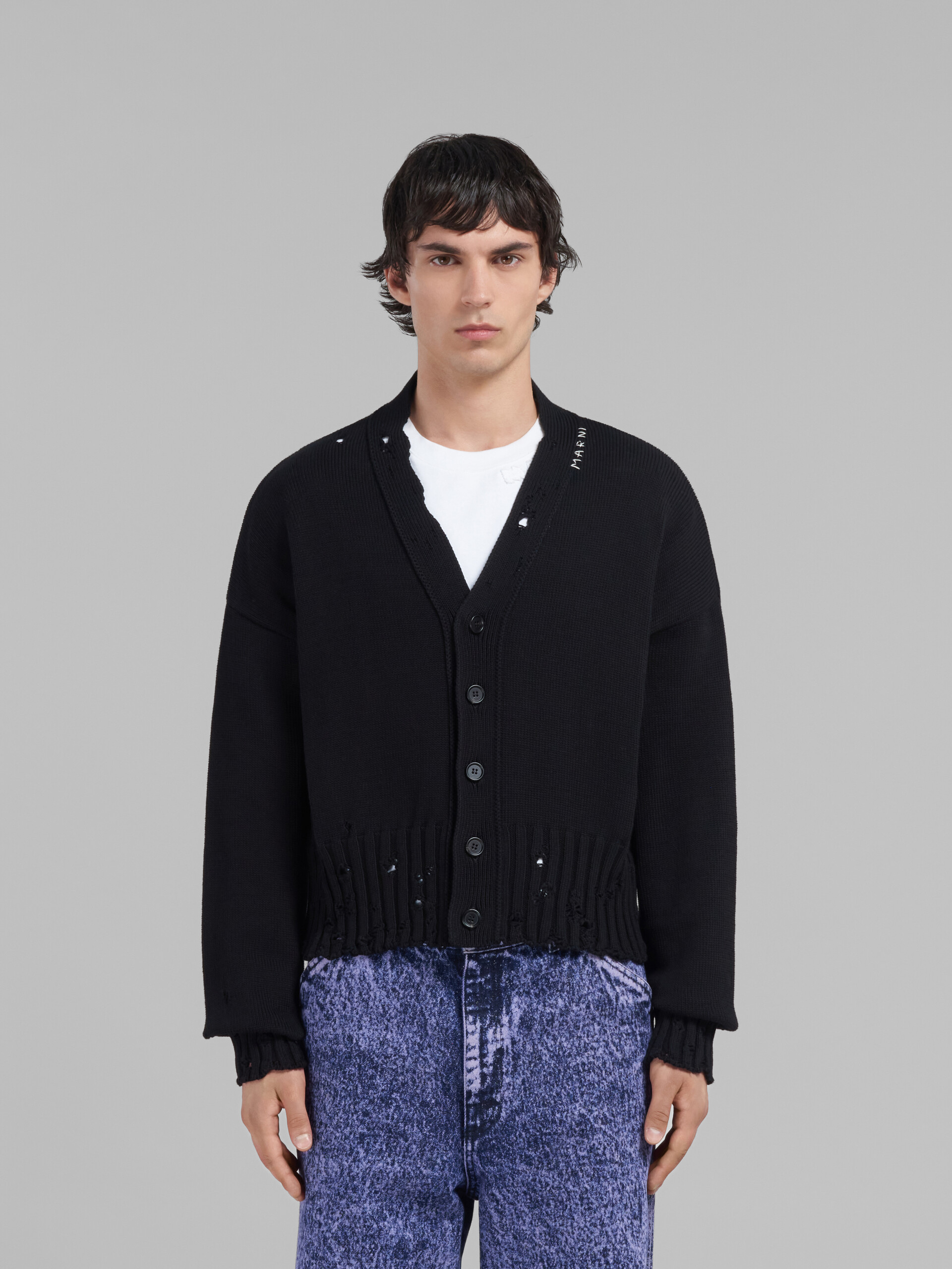 Black dishevelled cotton cardigan - Pullovers - Image 2