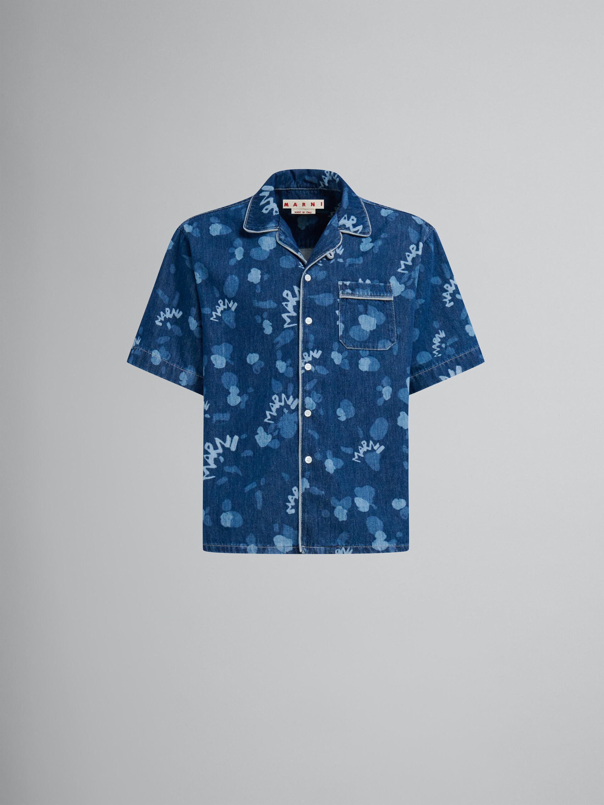 Blue denim bowling shirt with Marni Dripping print - Shirts - Image 1