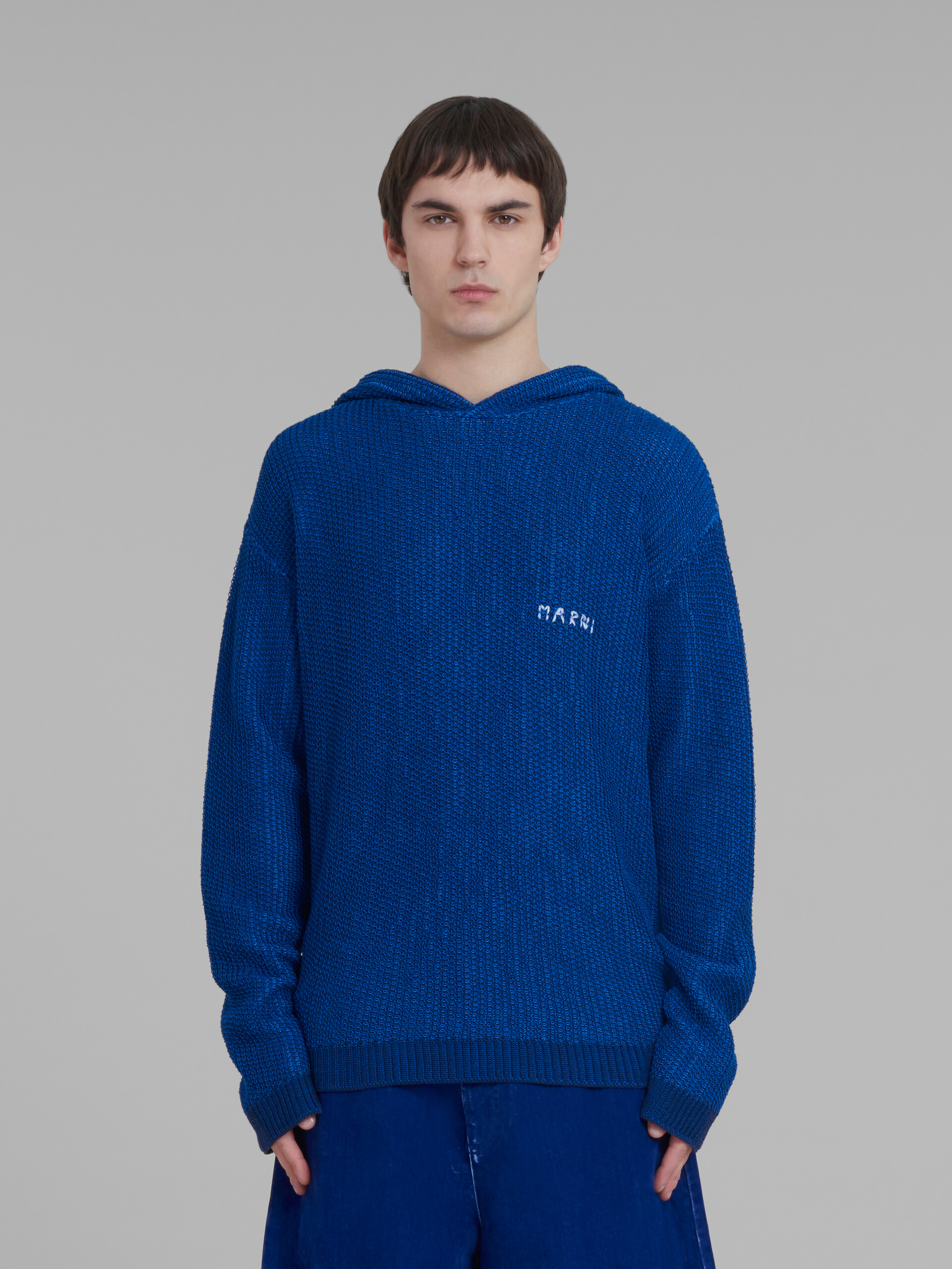 Blue knitted cotton hoodie with circle inlay - Pullovers - Image 2
