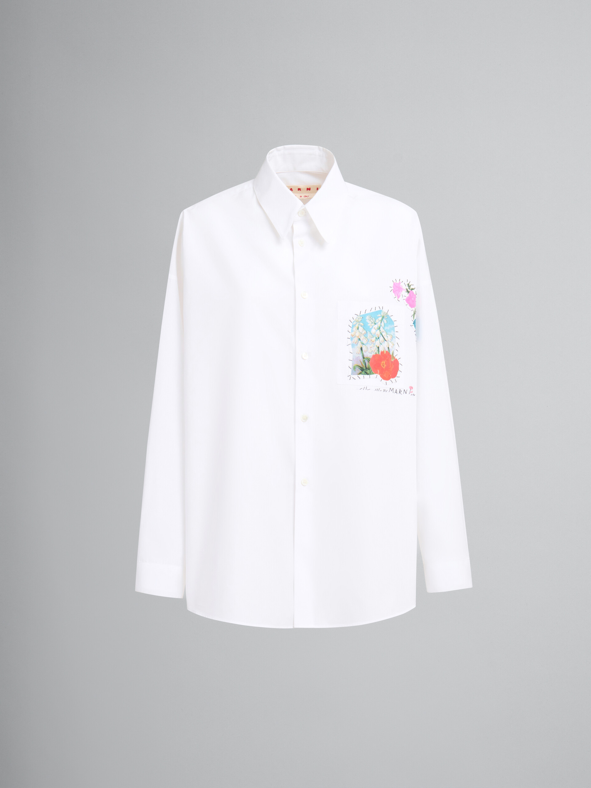 White organic poplin shirt with flower patches - Shirts - Image 1