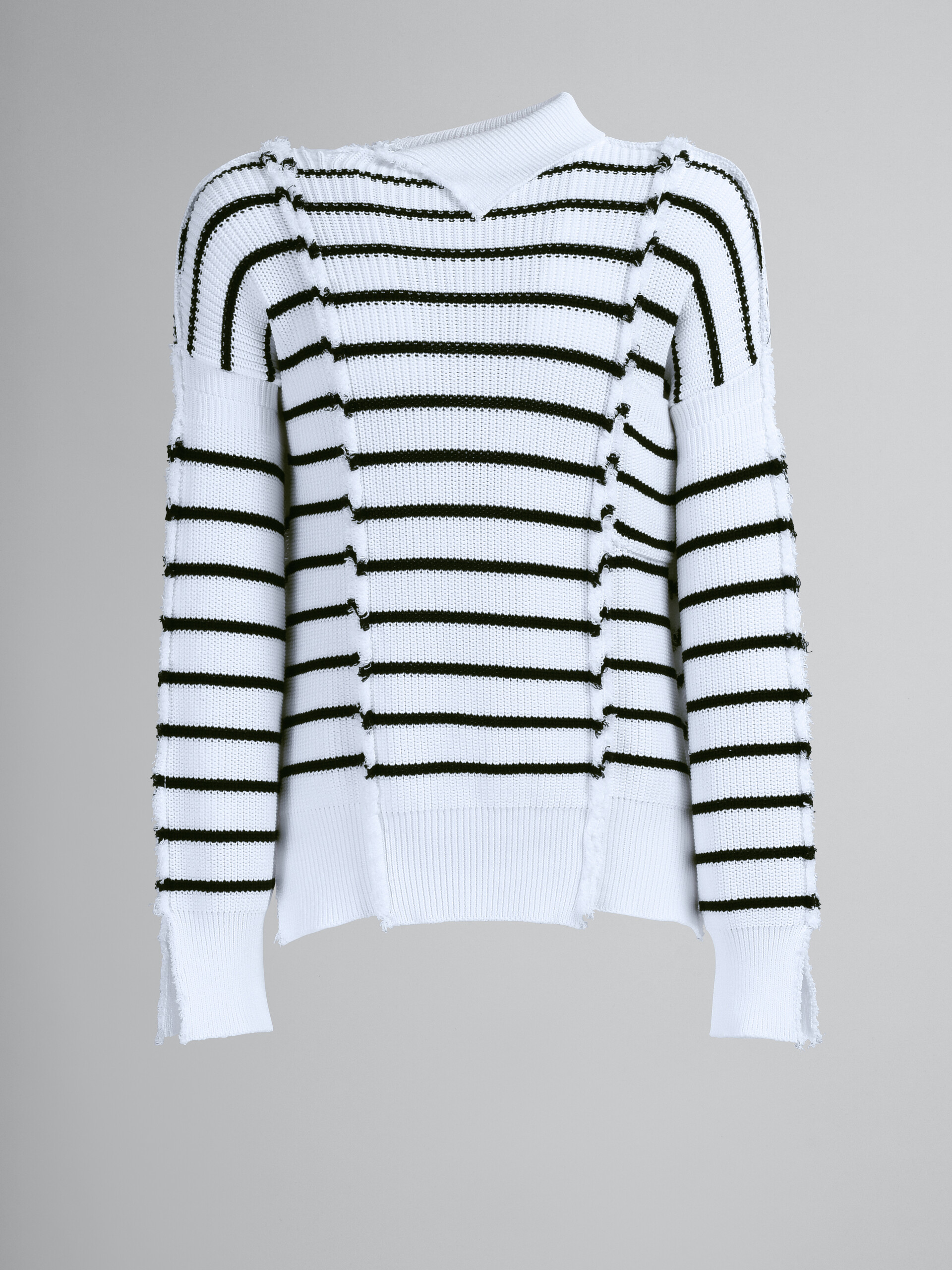 Breton stripes cotton long T-neck sweater - Pullovers - Image 1