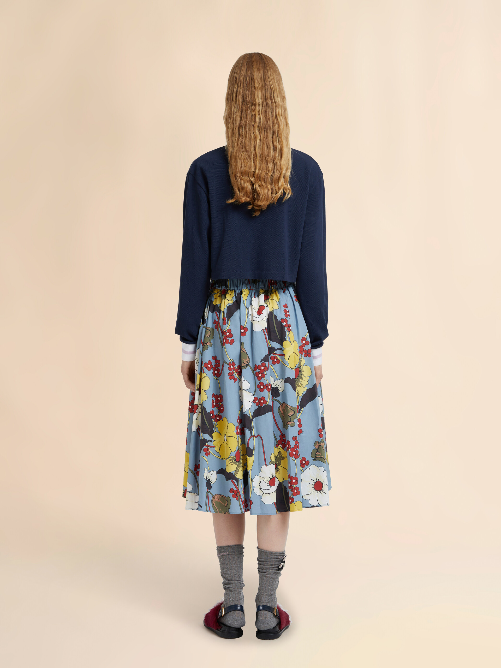 Blue poplin elasticated midi skirt with Melodia print - Skirts - Image 3