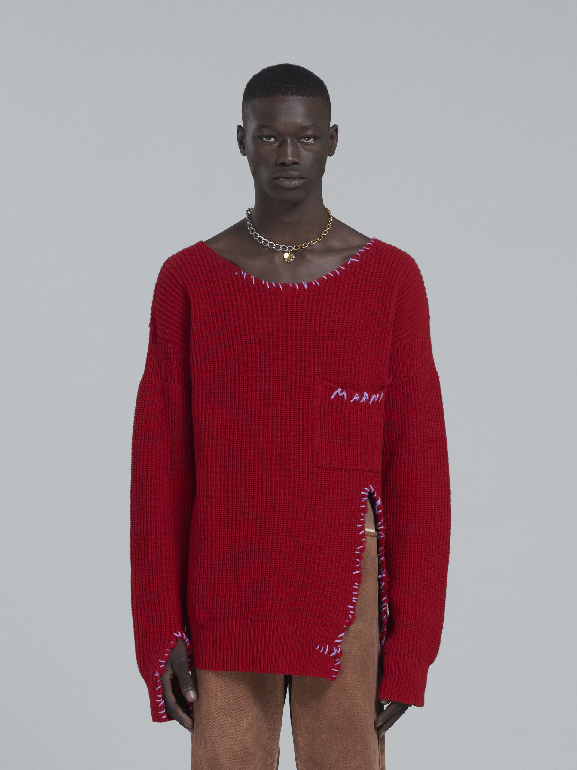 Red wool sweater with raw-edge detailing - Pullovers - Image 2