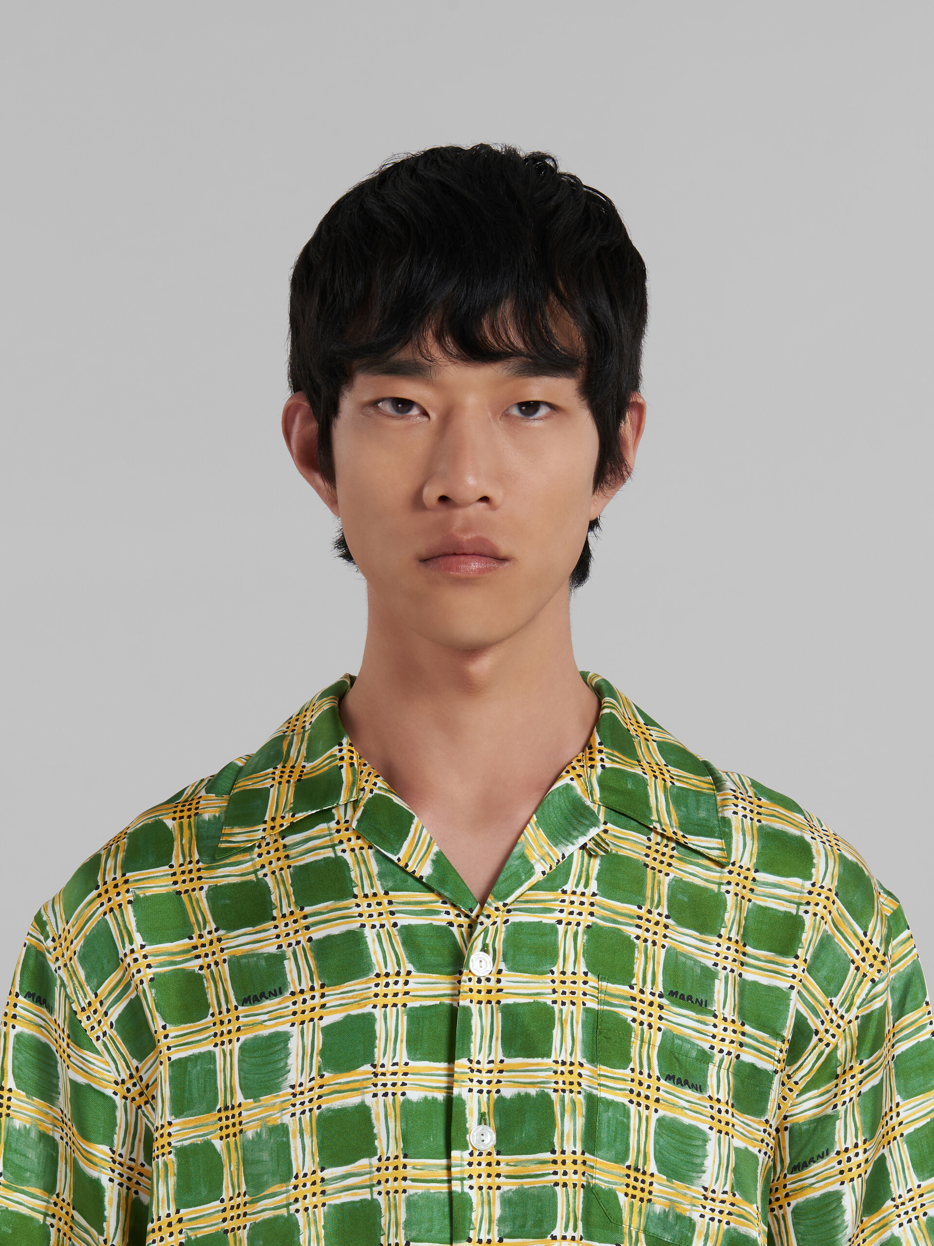 Green silk twill shirt with Check Fields print