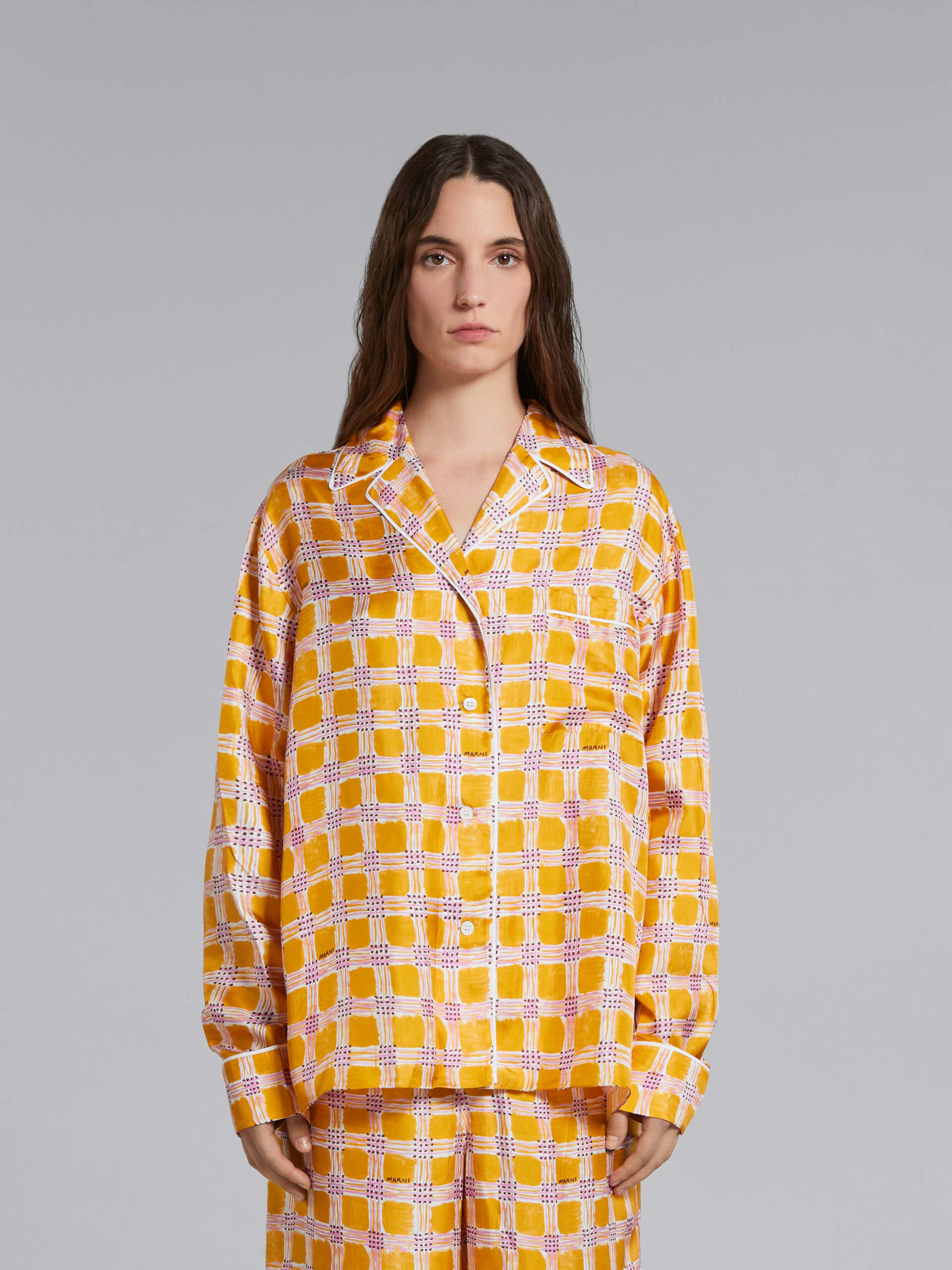 Yellow silk twill pyjama shirt with Check Fields print - Shirts - Image 2