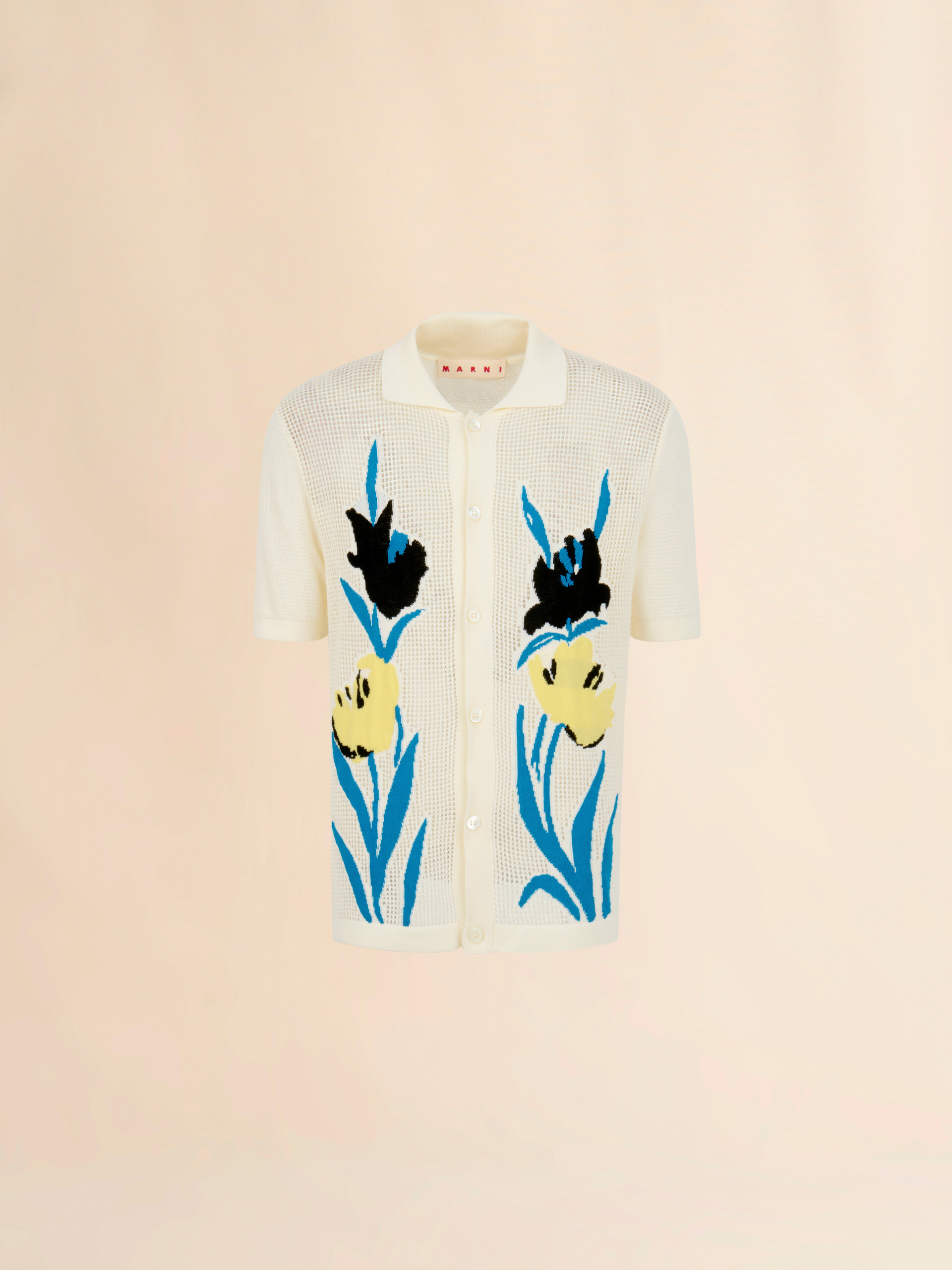 クリーム コットン製メッシュカーディガン、フローラルインターシャ - プルオーバー - Image 1