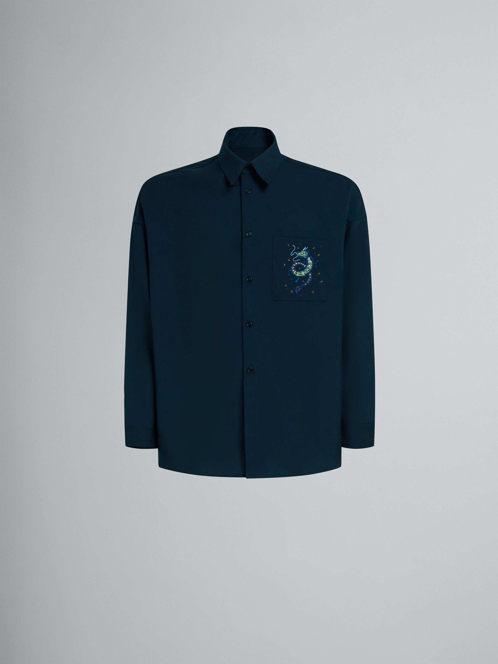 Chemise en laine bleu profond avec dragon brodé - Chemises - Image 1