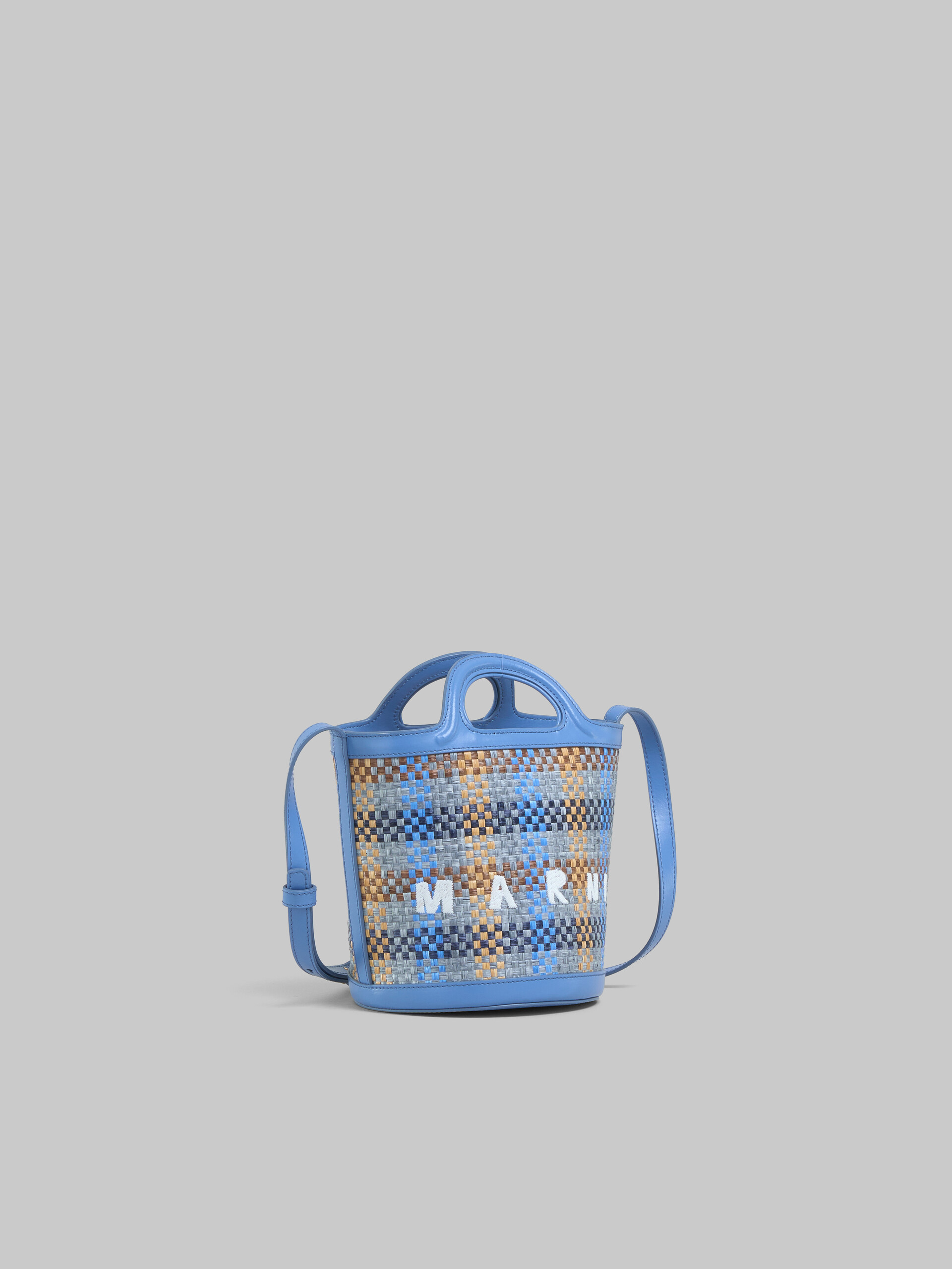 Tropicalia small bucket bag in brown leather and checked raffia-effect fabric - Shoulder Bags - Image 6