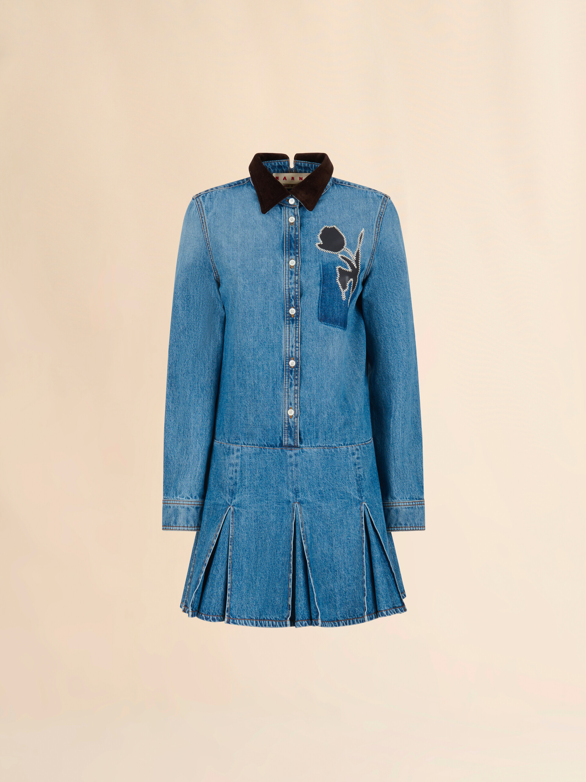 Blue denim mini dress with pleated skirt - Dresses - Image 1