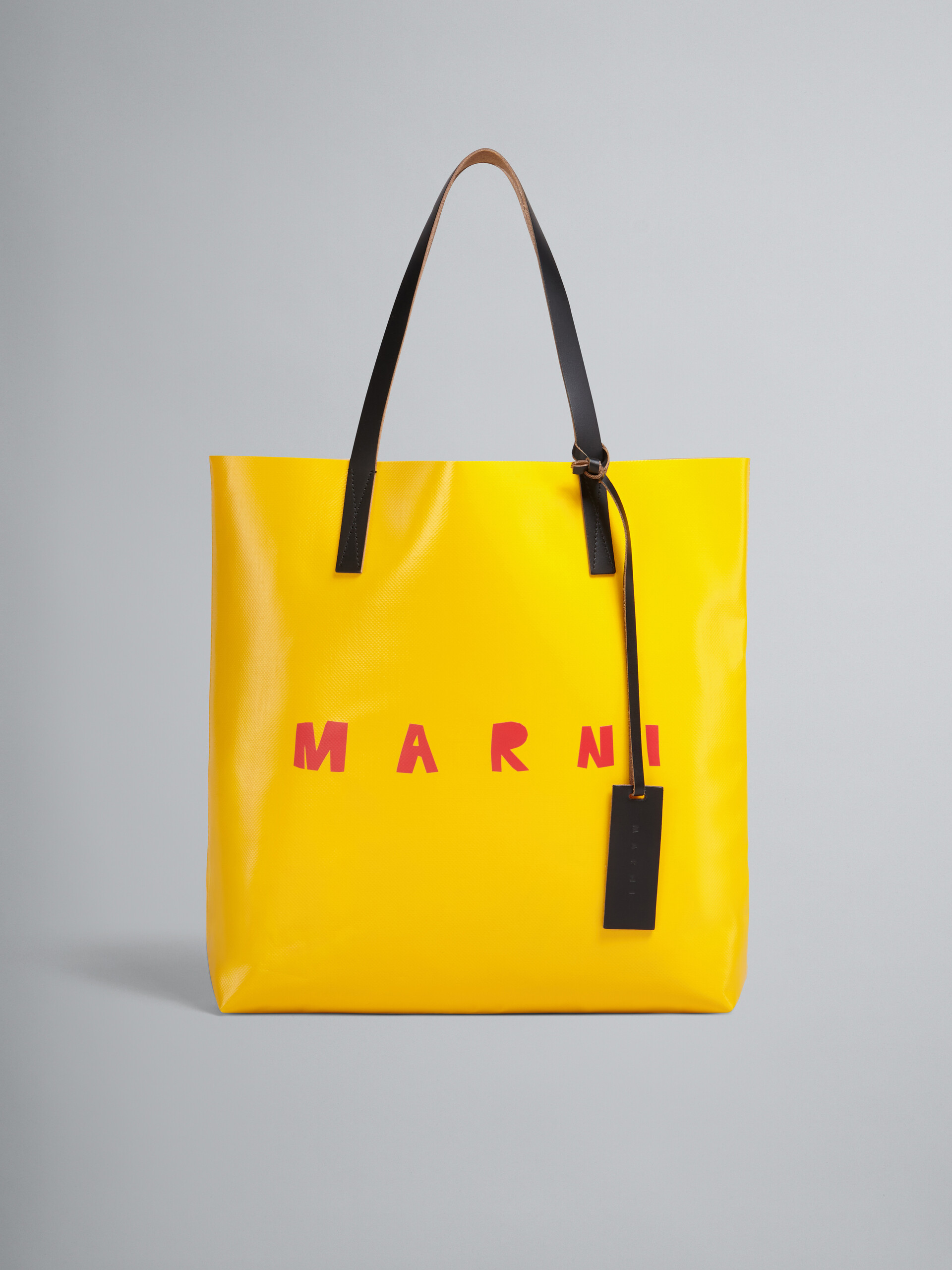 Yellow and beige PVC shopping bag with calfskin handles and frontal Marni logo - Shopping Bags - Image 1