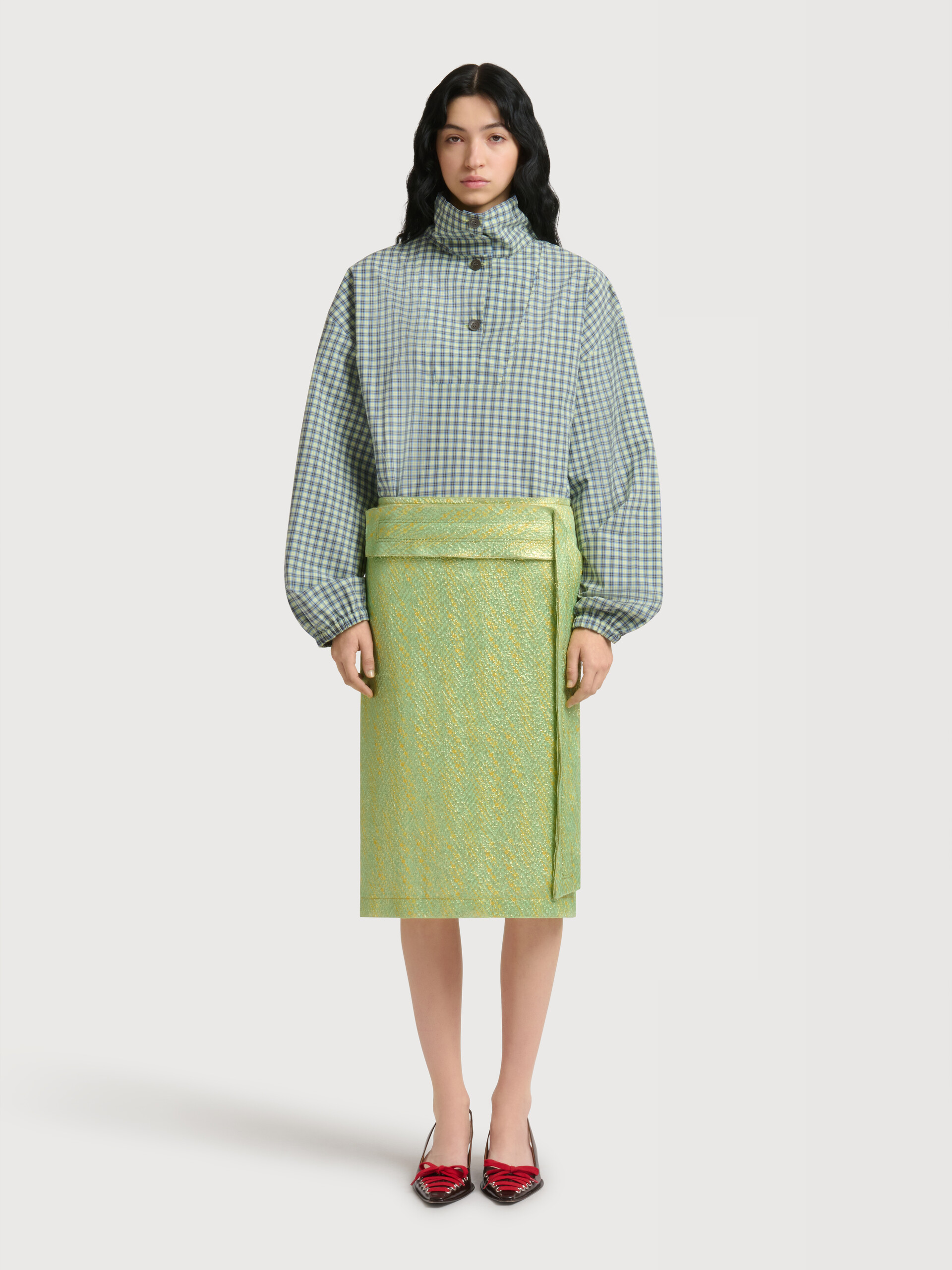 Green silk cloqu&eacute; midi skirt with panel detail - Skirts - Image 2