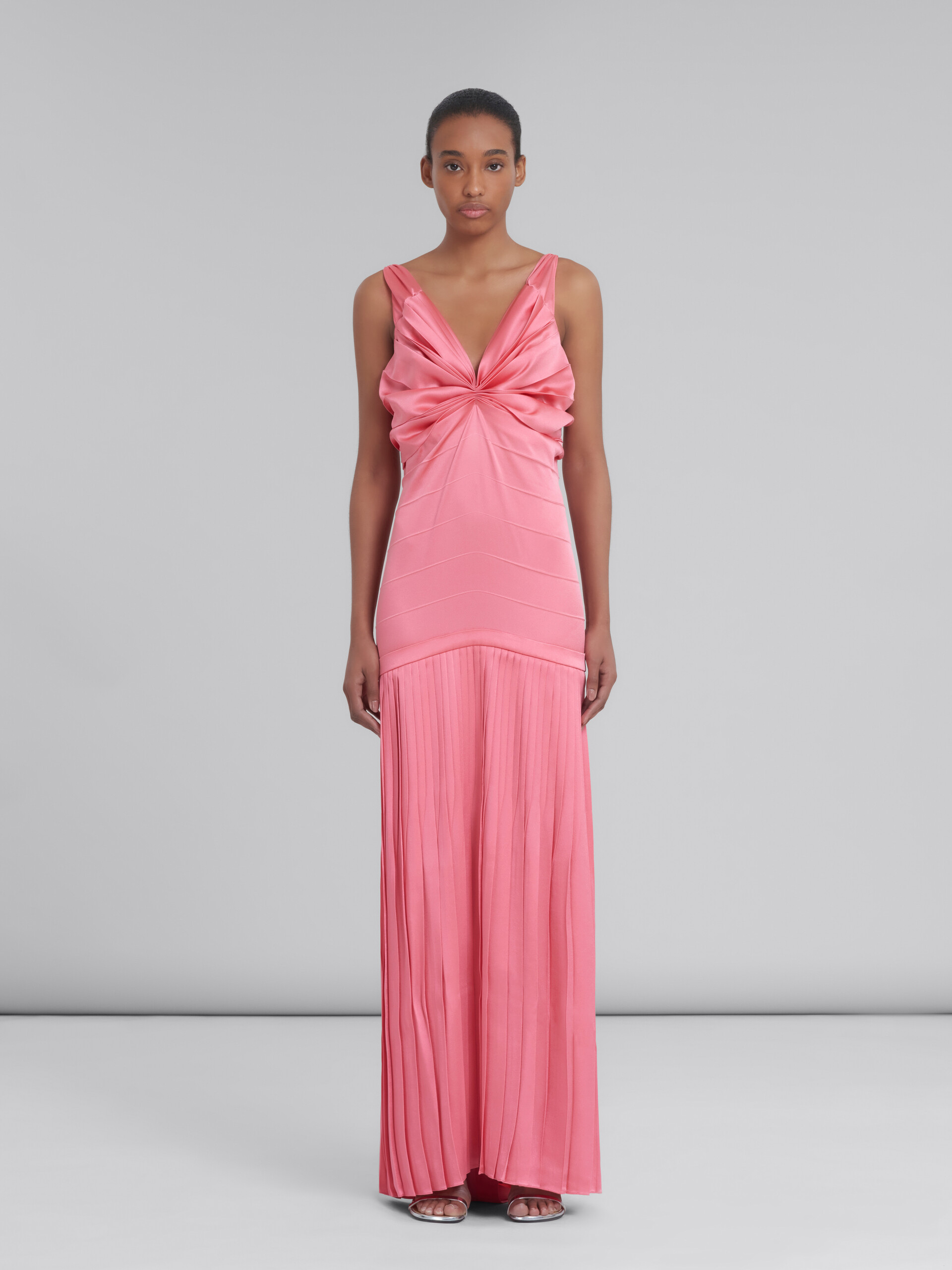 Draped long dress in pink crêpe satin - Dresses - Image 2