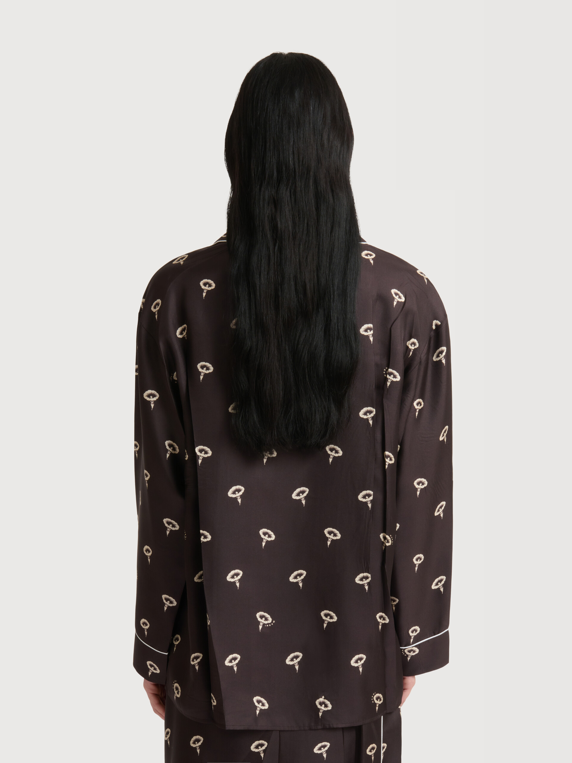 Brown silk twill pyjama shirt with floral print - Shirts - Image 4
