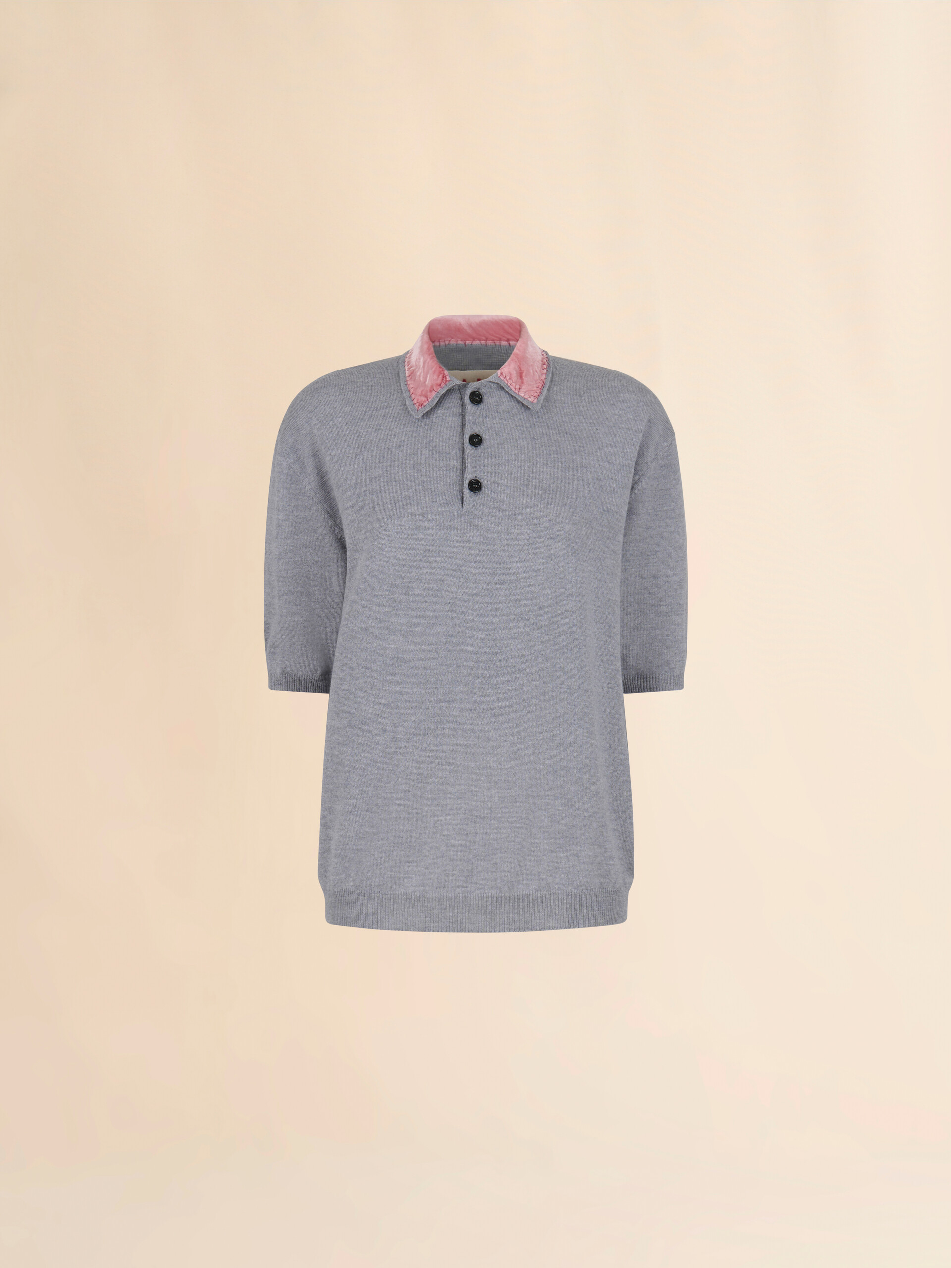 Grey wool polo shirt with velvet collar - Shirts - Image 1