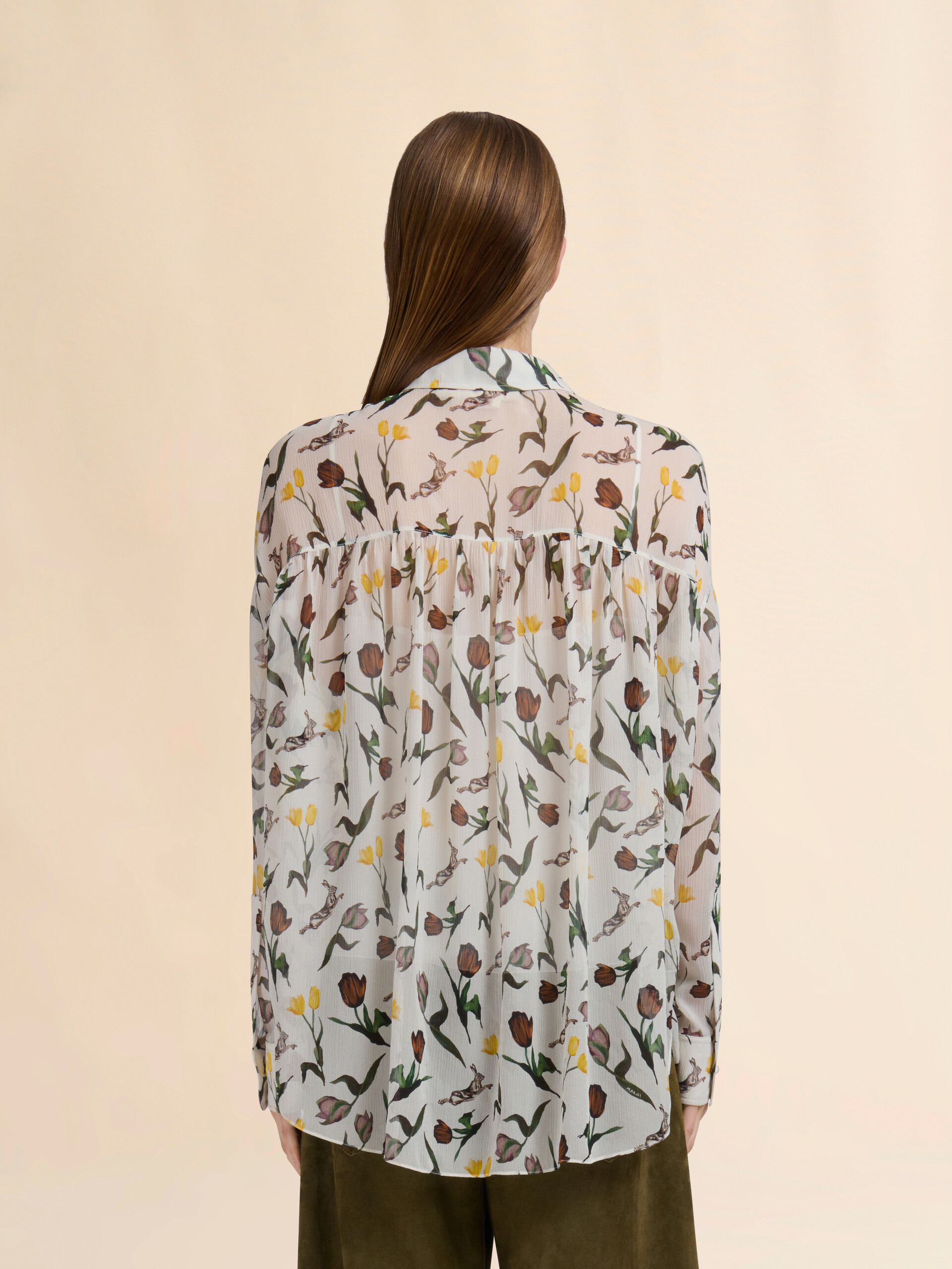 Cream chiffon shirt with Tulips and Hares print - Shirts - Image 3