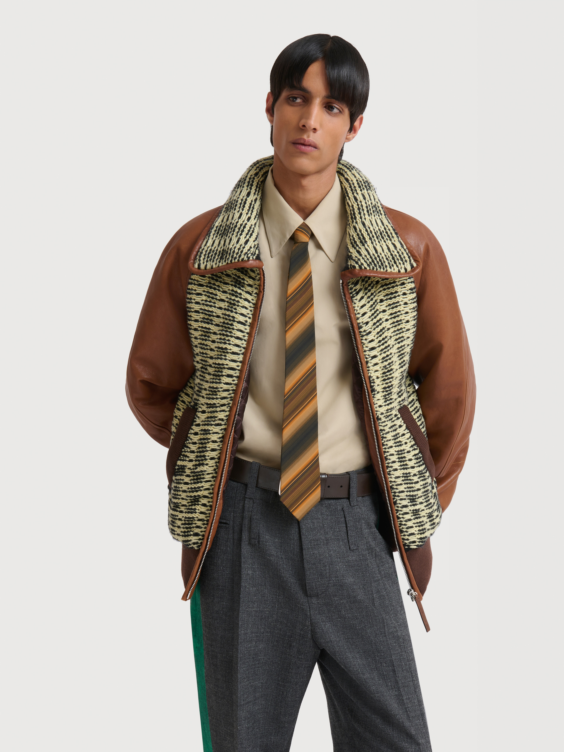 Yellow and light green cotton-wool knit jacket with leather sleeves - Jackets - Image 2