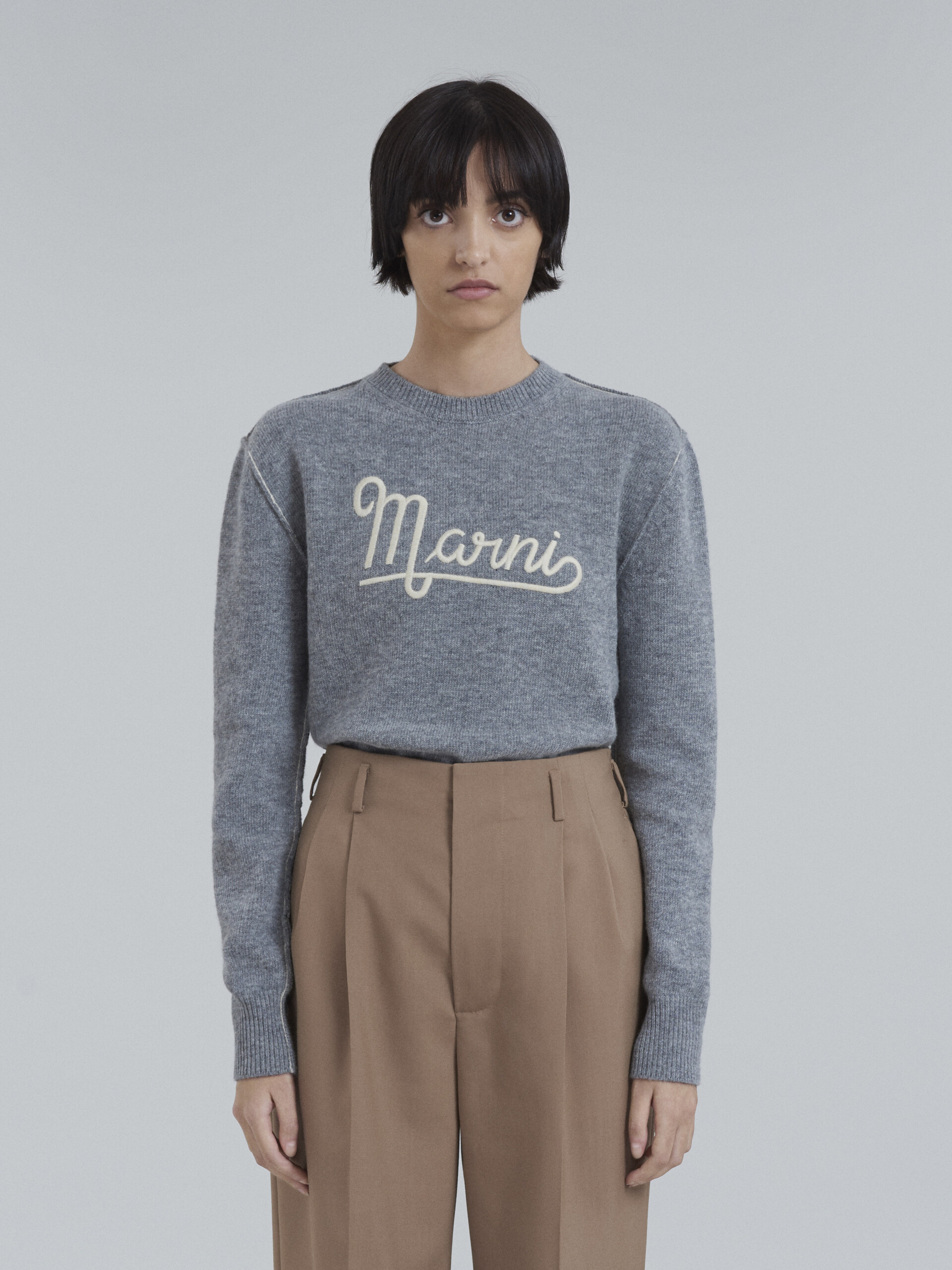 Grey Shetland wool long-sleeved sweater with embroidered Marni logo - Pullovers - Image 2