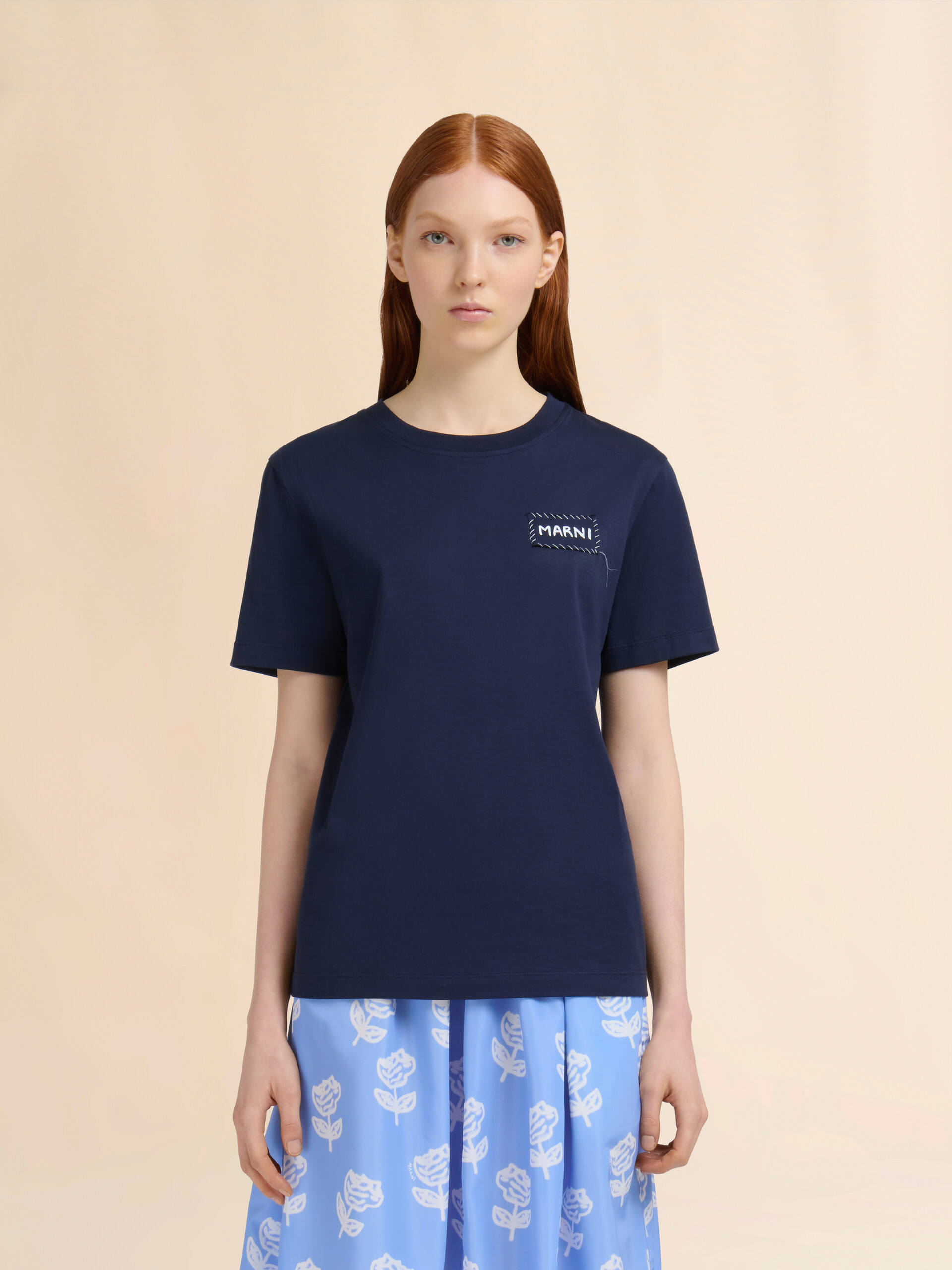 Deep blue organic cotton T-shirt with Marni patch - T-shirts - Image 2