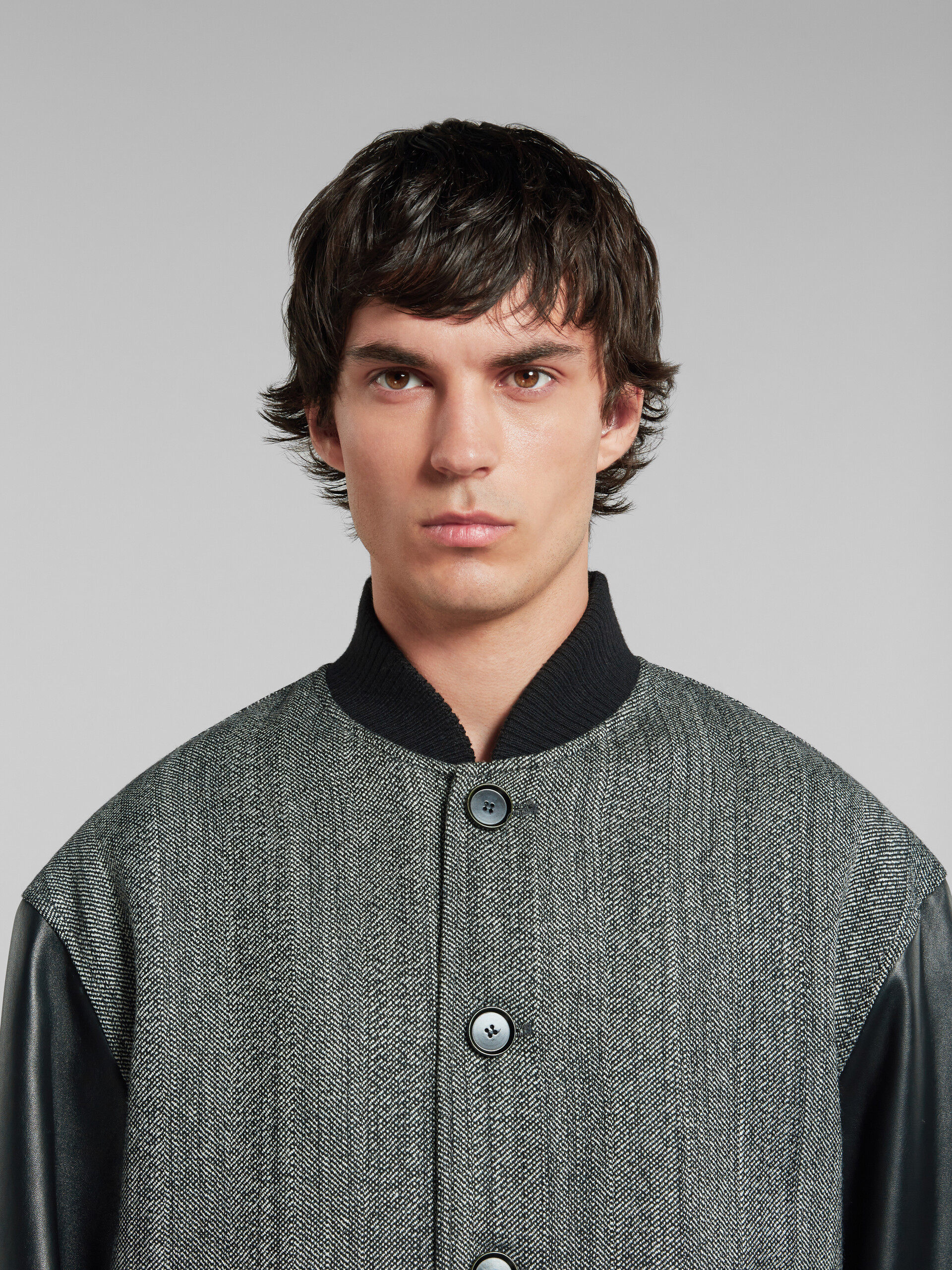 Black herringbone wool jacket with leather sleeves - Jackets - Image 4