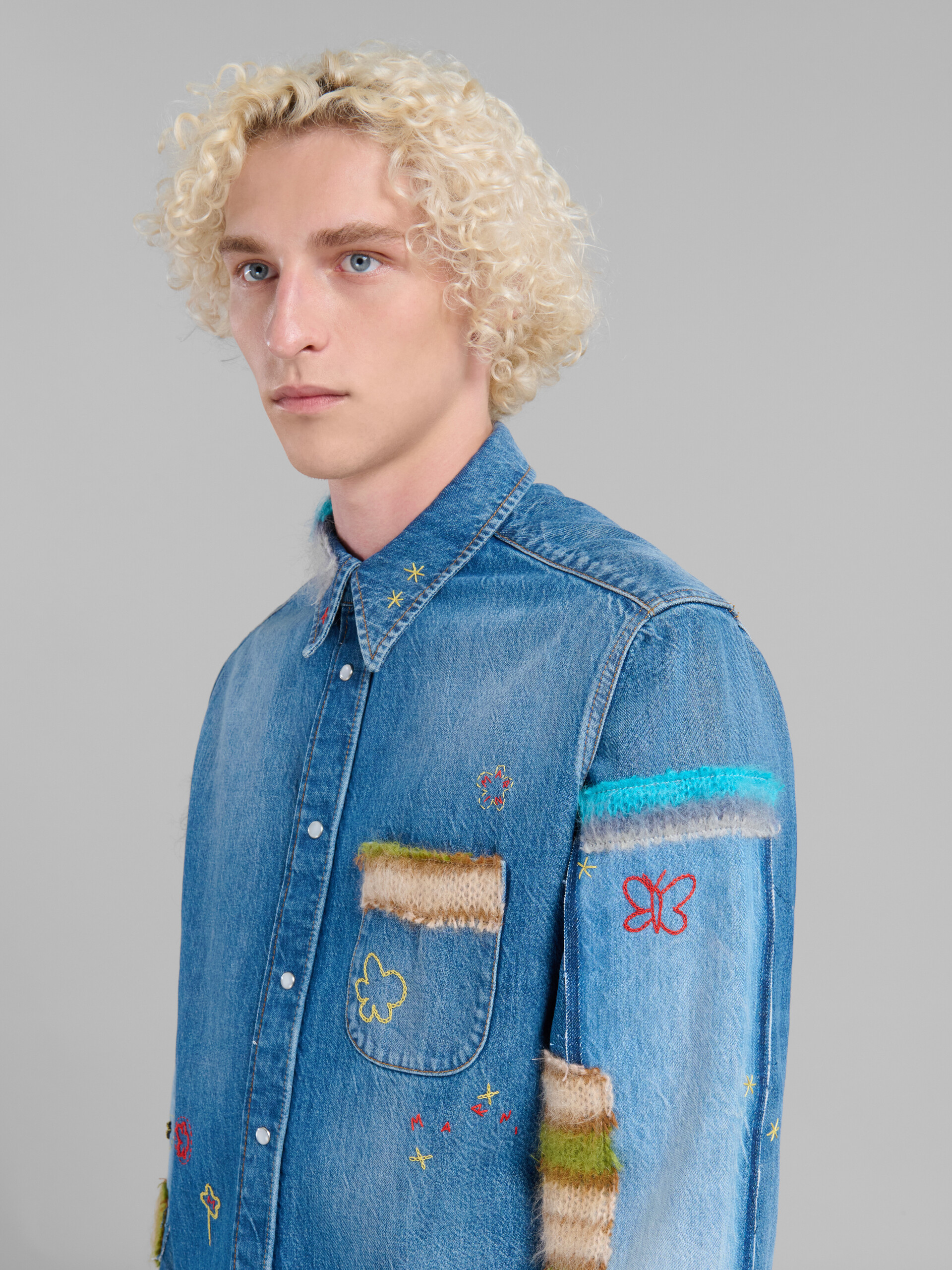 Blue bio denim shirt with mohair patches - Shirts - Image 4