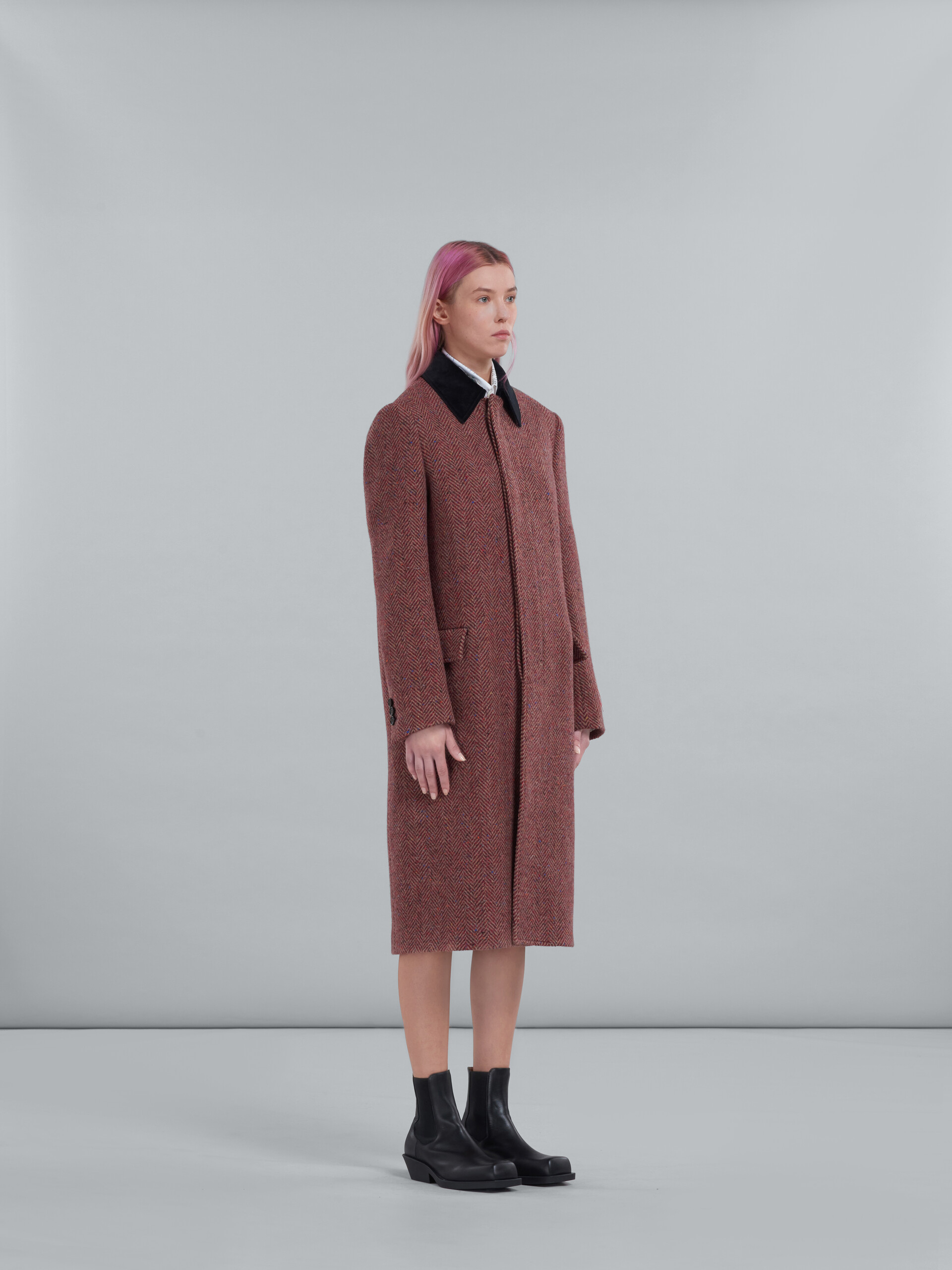 Burgundy chevron wool coat with velvet collar - Coat - Image 6