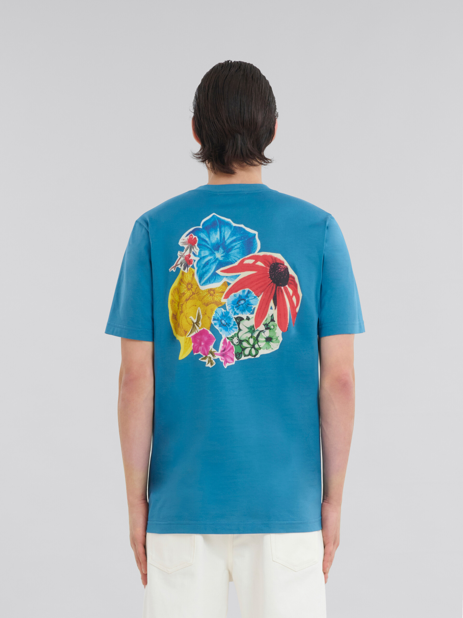 T-shirt en coton bleu avec imprimé fleur au dos - T-shirts - Image 3