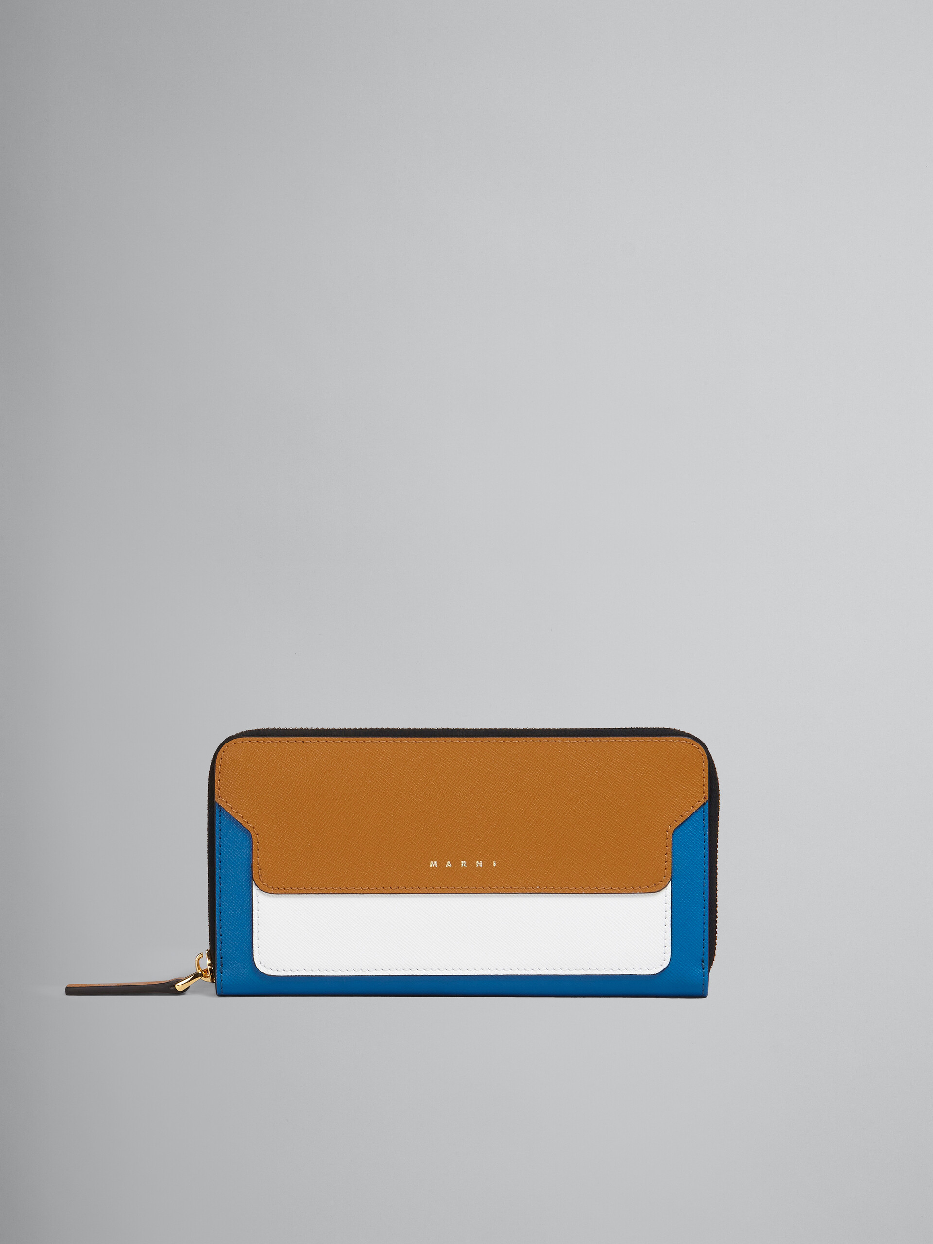 Brown white and blue saffiano leather zip-around wallet