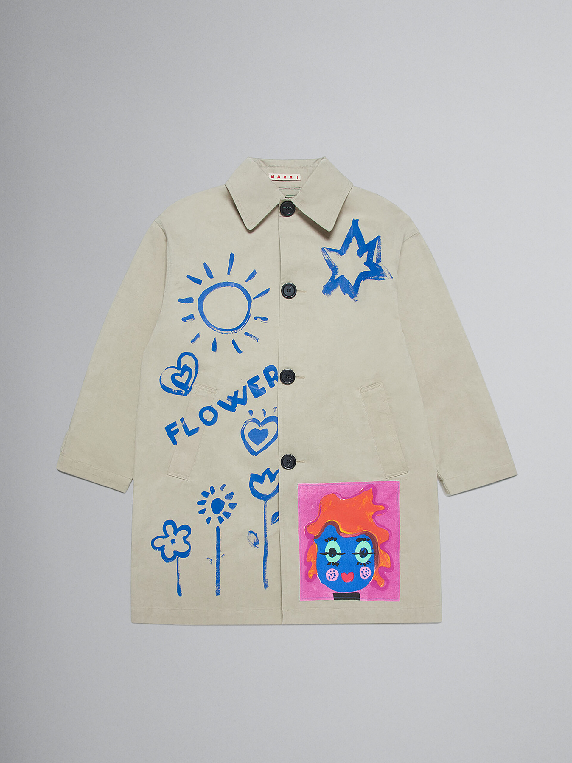 Beige gabardine coat with graffiti and printed faces - Jackets - Image 1