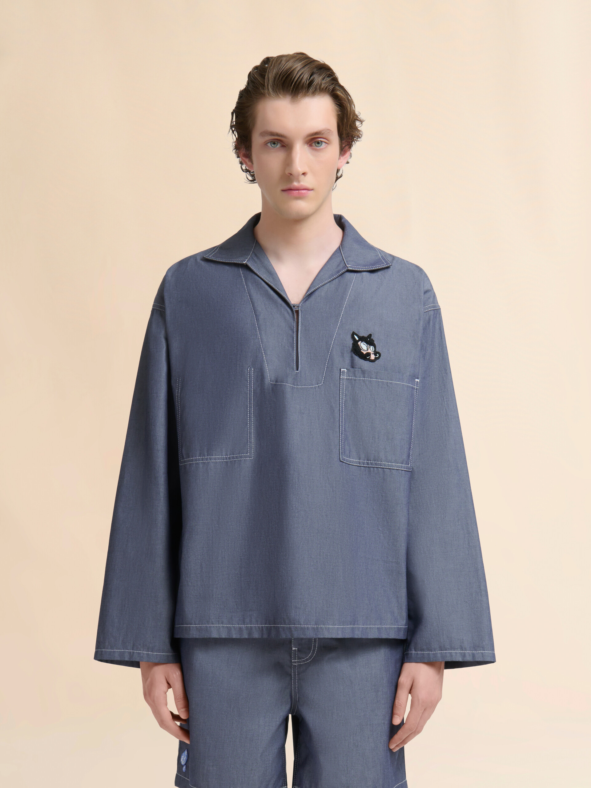 Blue chambray sailor top with polo collar - Shirts - Image 2