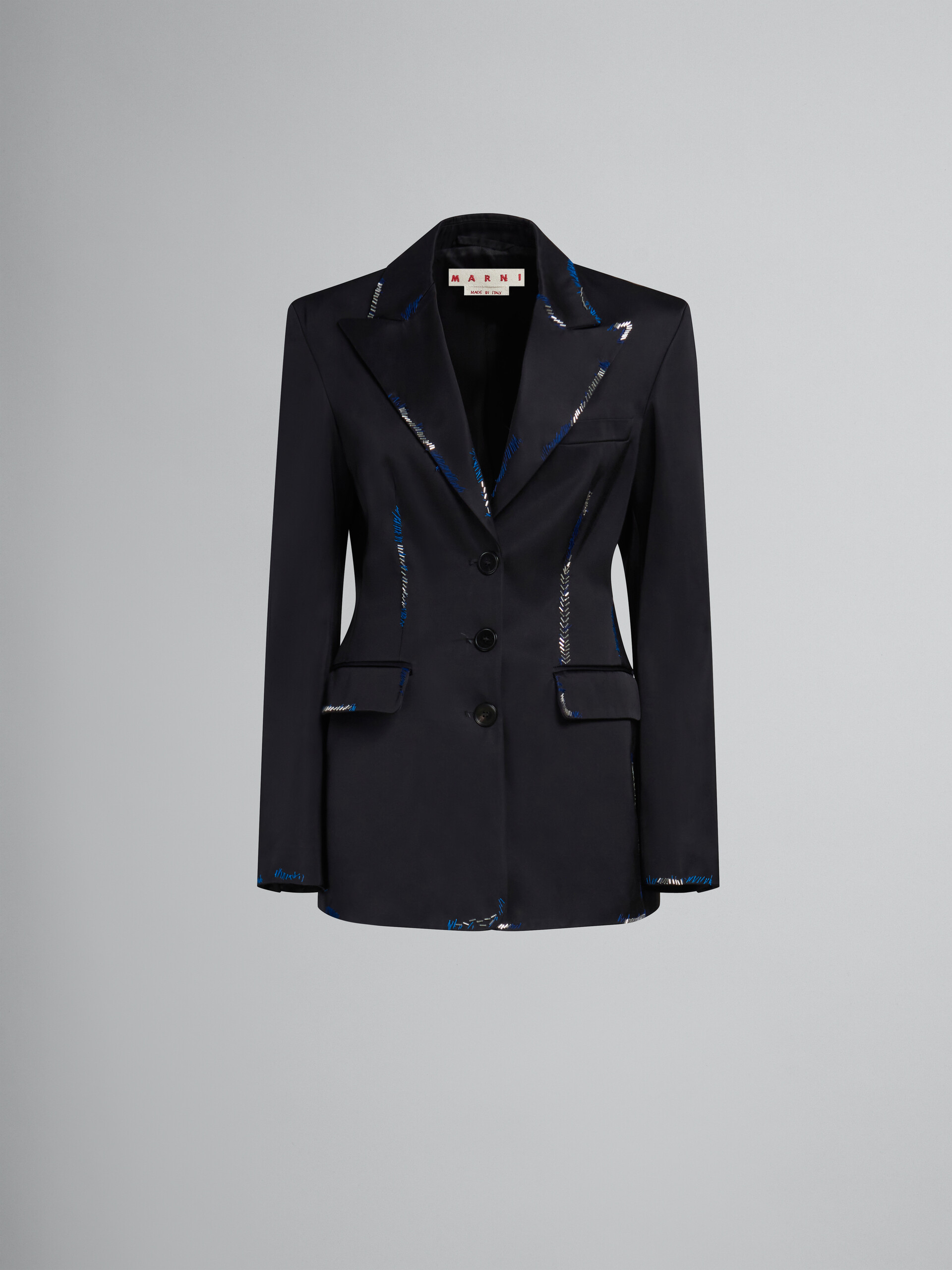 Black duchesse satin jacket with bead mending - Jackets - Image 1