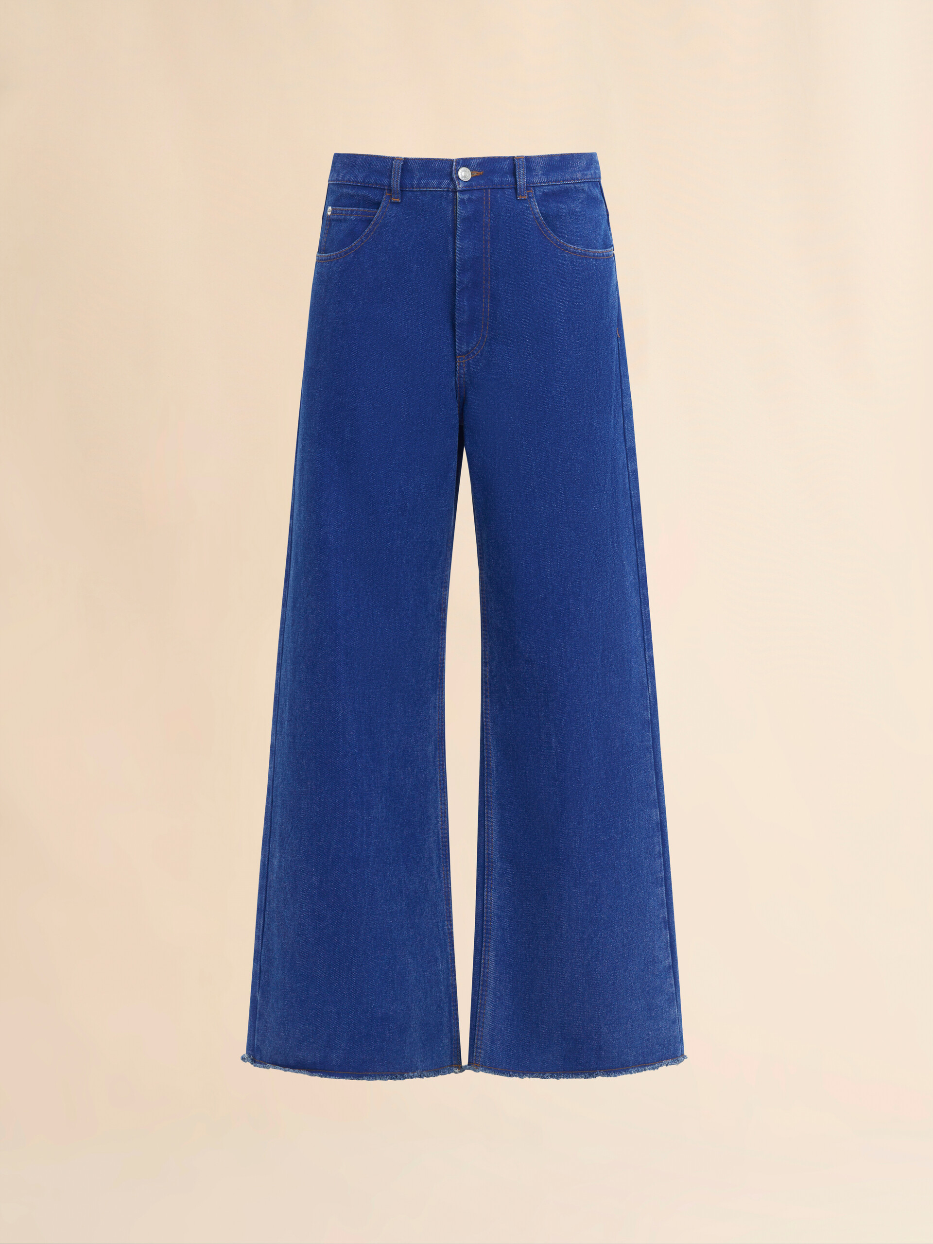 Jean taille basse en denim bleu avec ceinture en ruban rouge - Pantalons - Image 1