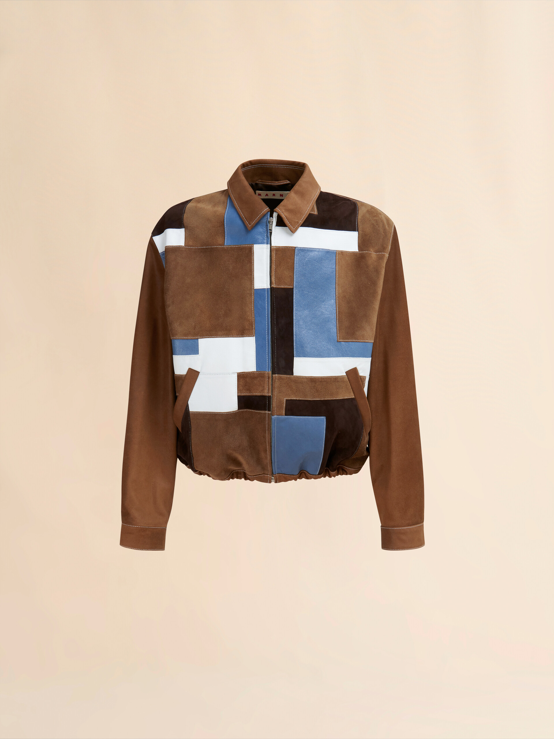 브라운 스웨이드 및 가죽 패치워크 재킷 - Jackets - Image 1