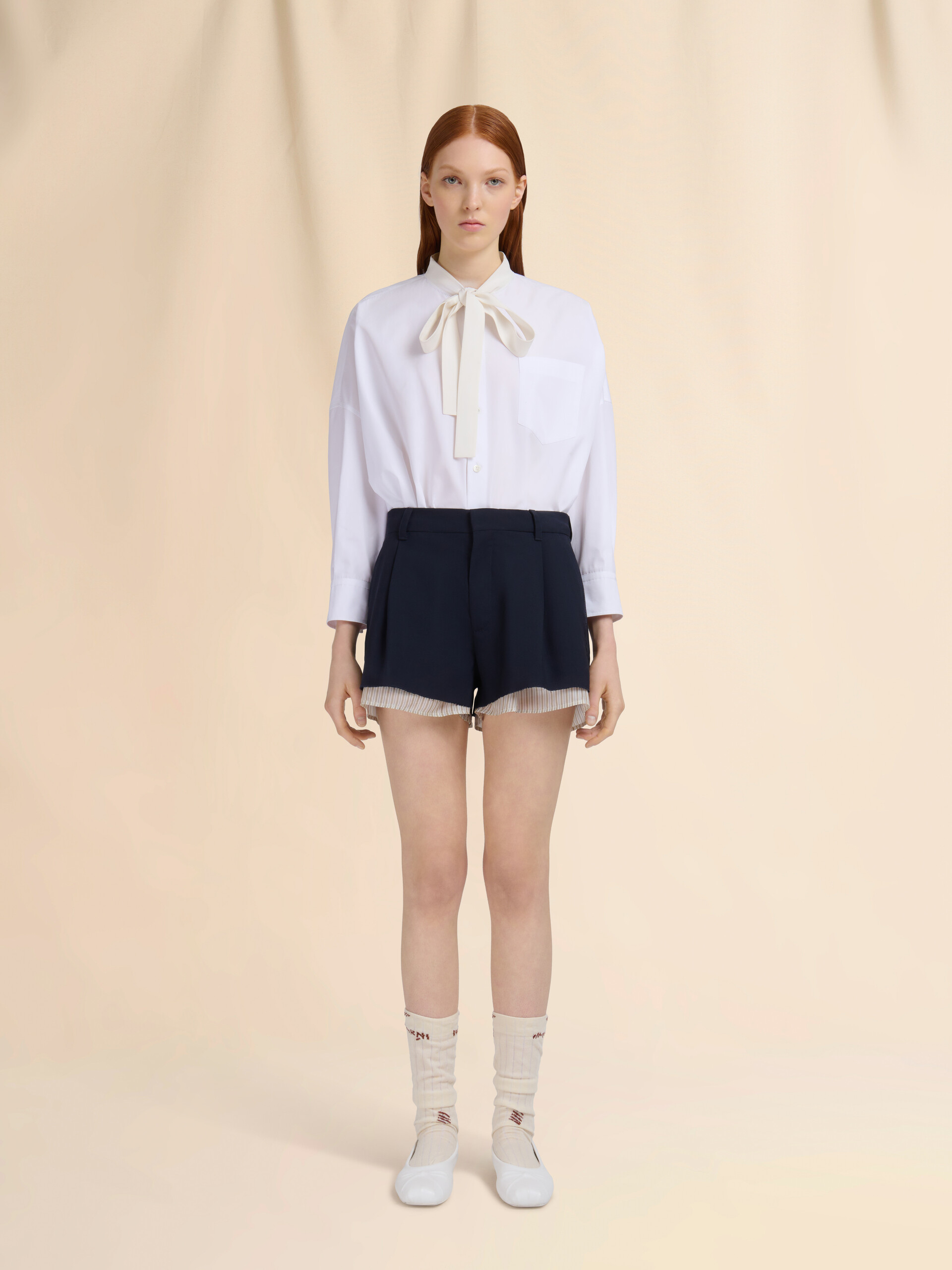 Deep blue wool shorts with visible lining - Pants - Image 2
