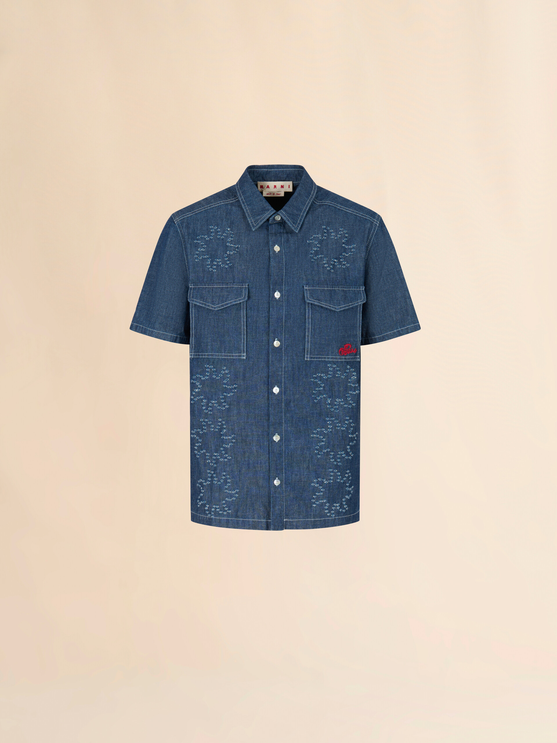 Blue chambray short-sleeved shirt with frayed sun motif - Shirts - Image 1
