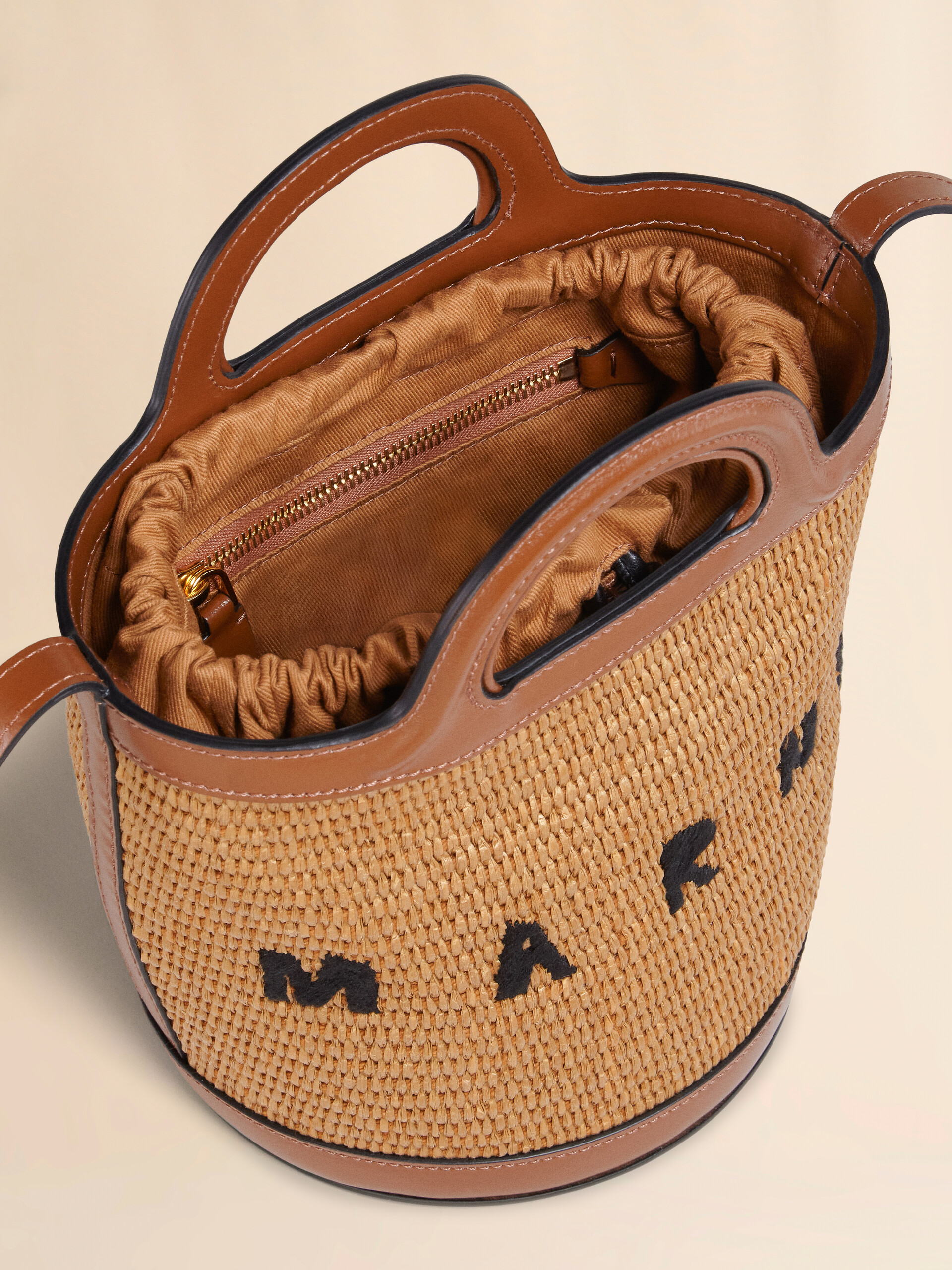 Tropicalia Small Bucket Bag in brown leather and raffia-effect fabric - Shoulder Bag - Image 5