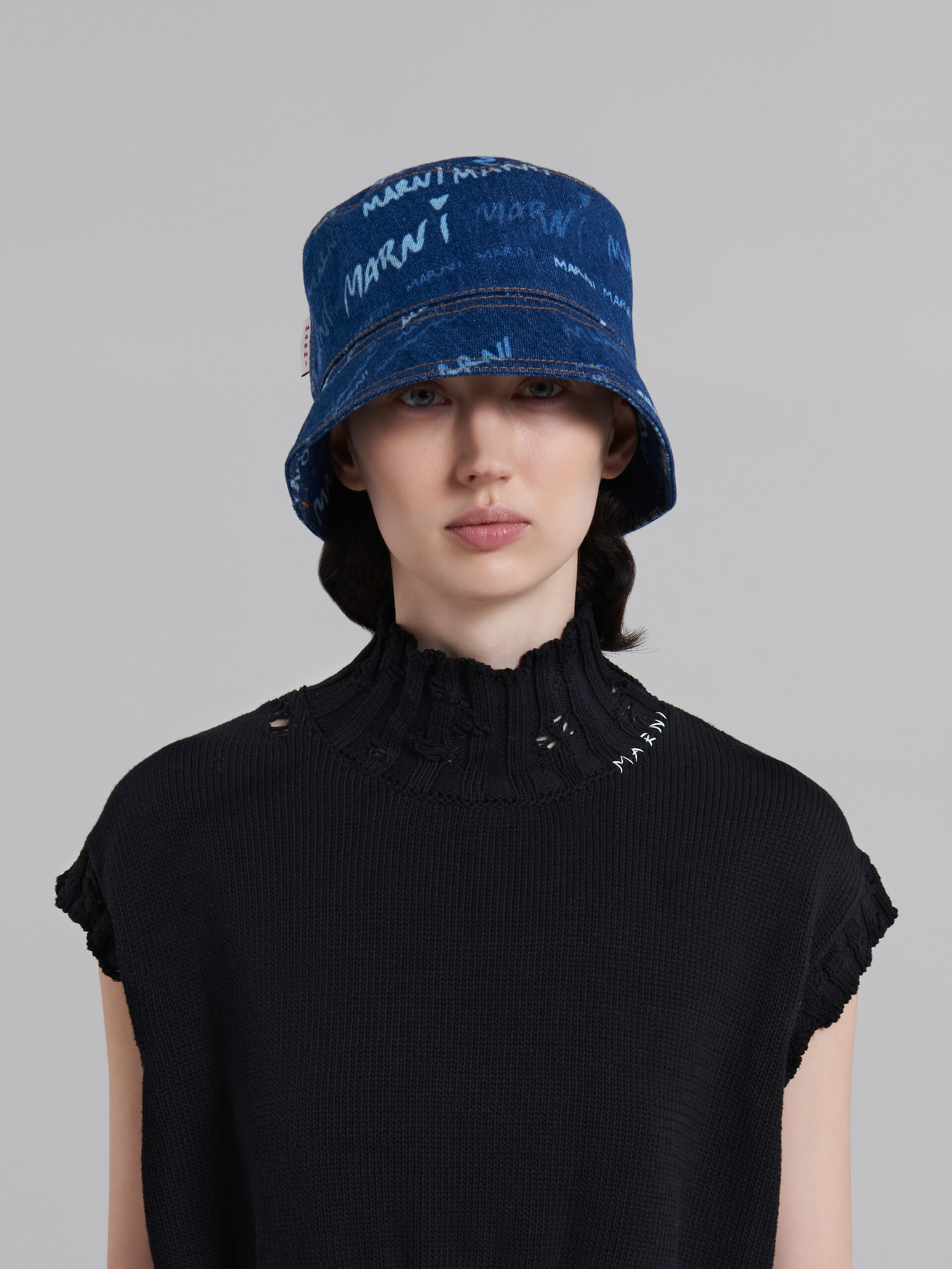 Blue denim bucket hat with Mega Marni motif - Hats - Image 2