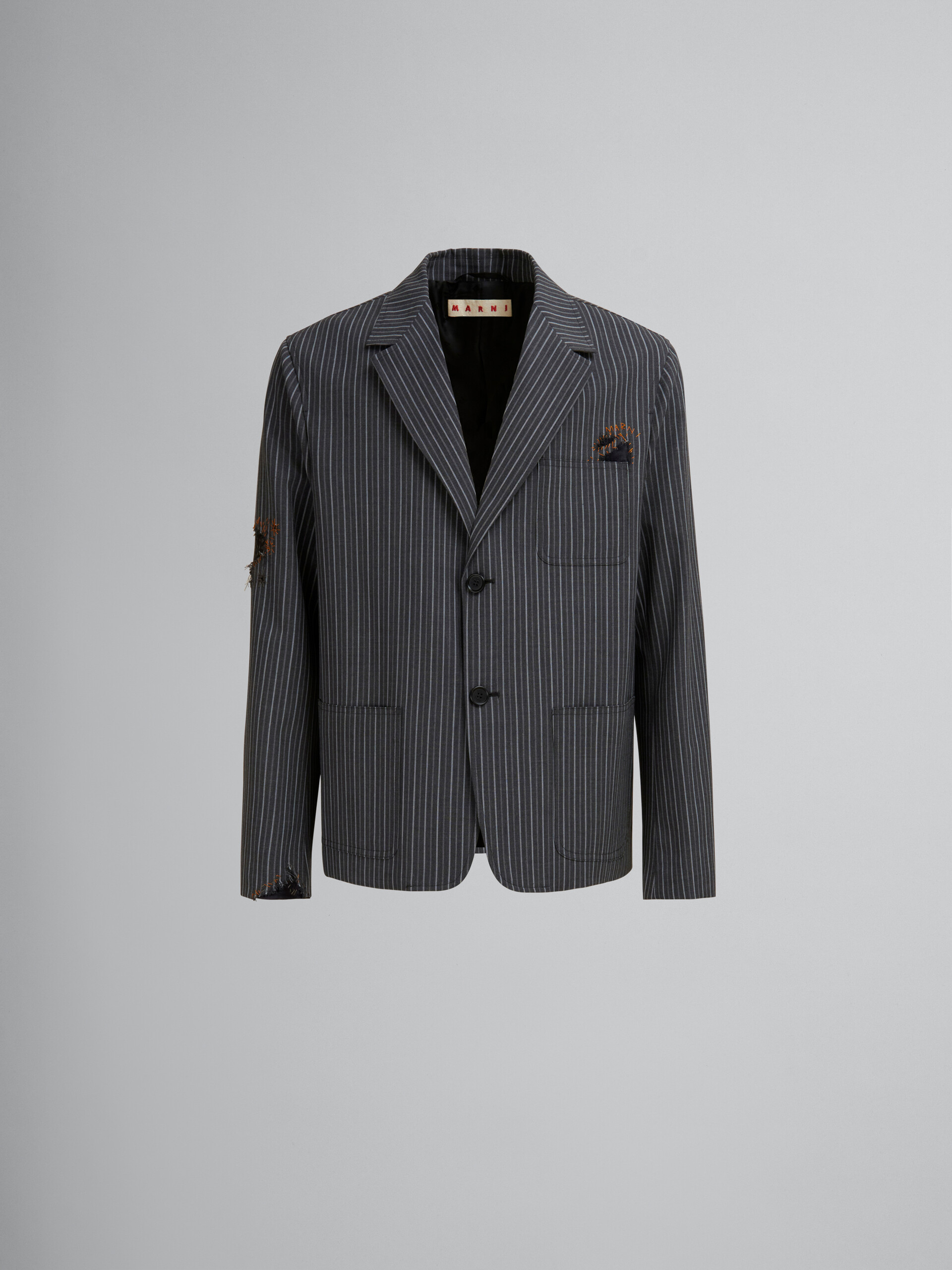 MARNI ウールストライプジャケットグレーネイビーブラウンミックス