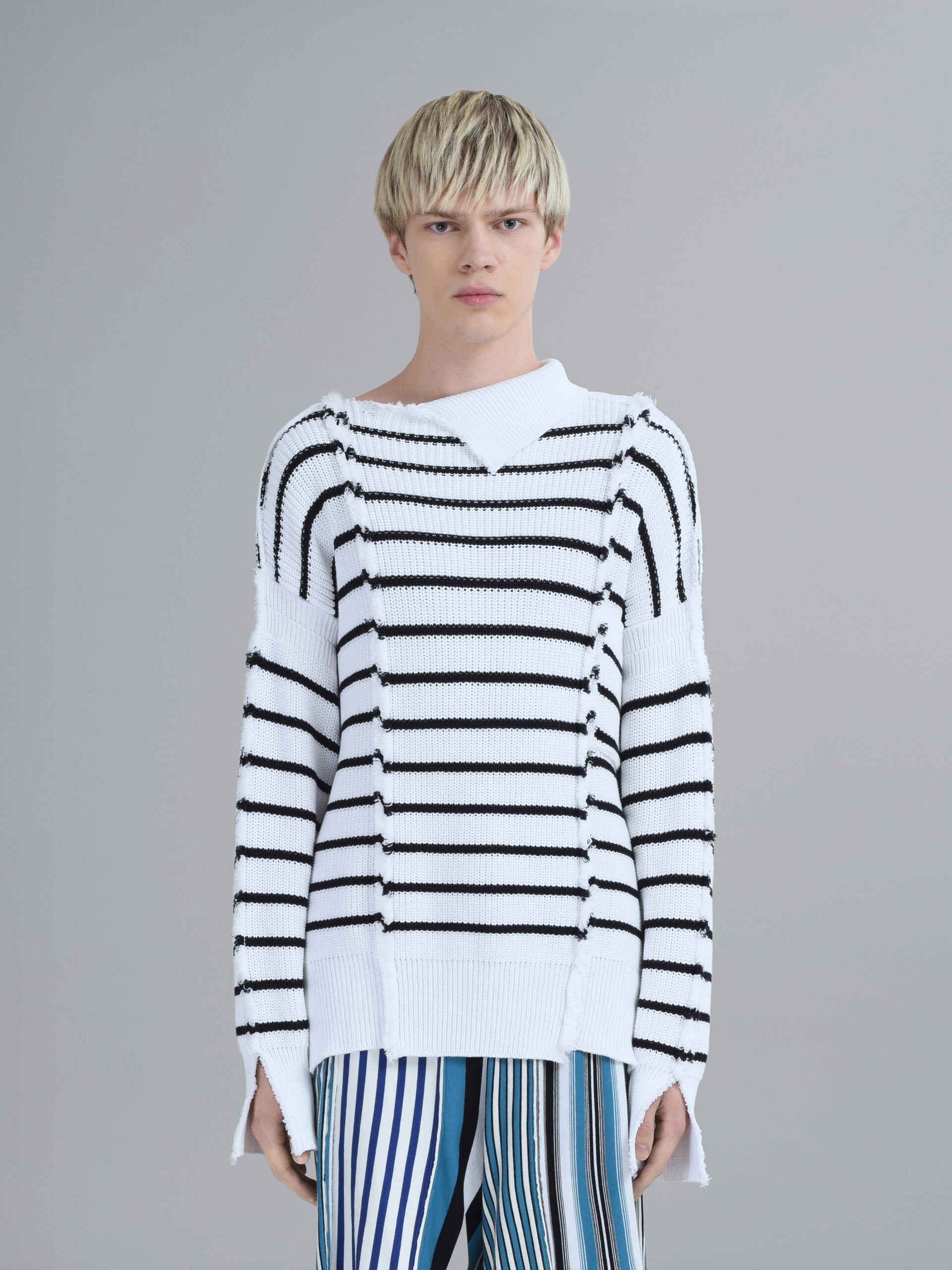 Breton stripes cotton long T-neck sweater - Pullovers - Image 2