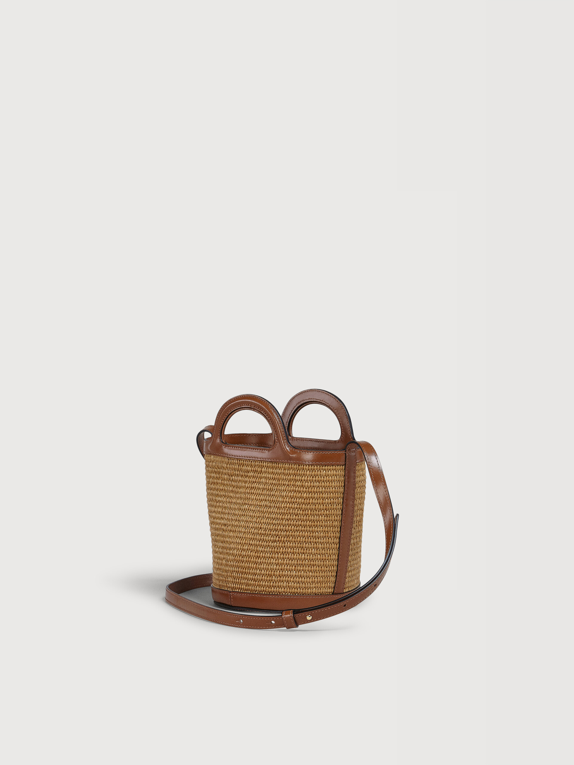 Tropicalia Small Bucket Bag in brown leather and raffia-effect