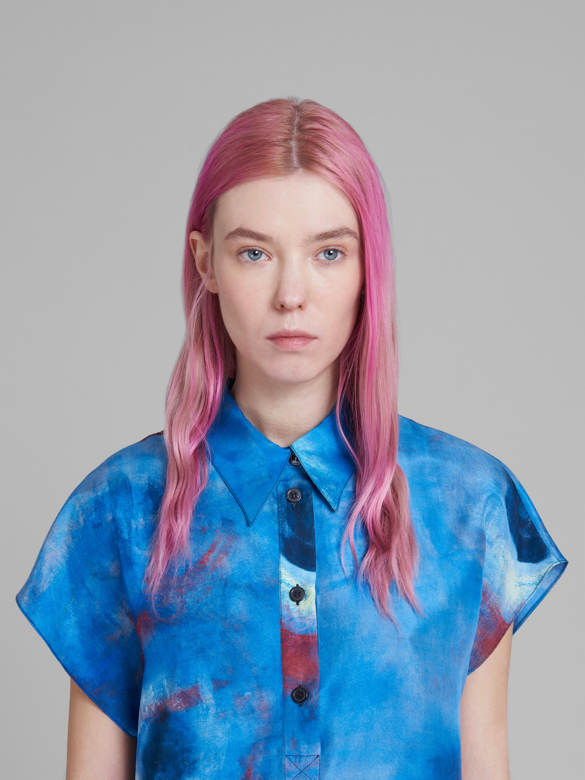 Silk polo top with Buchi Blu print - Shirts - Image 4