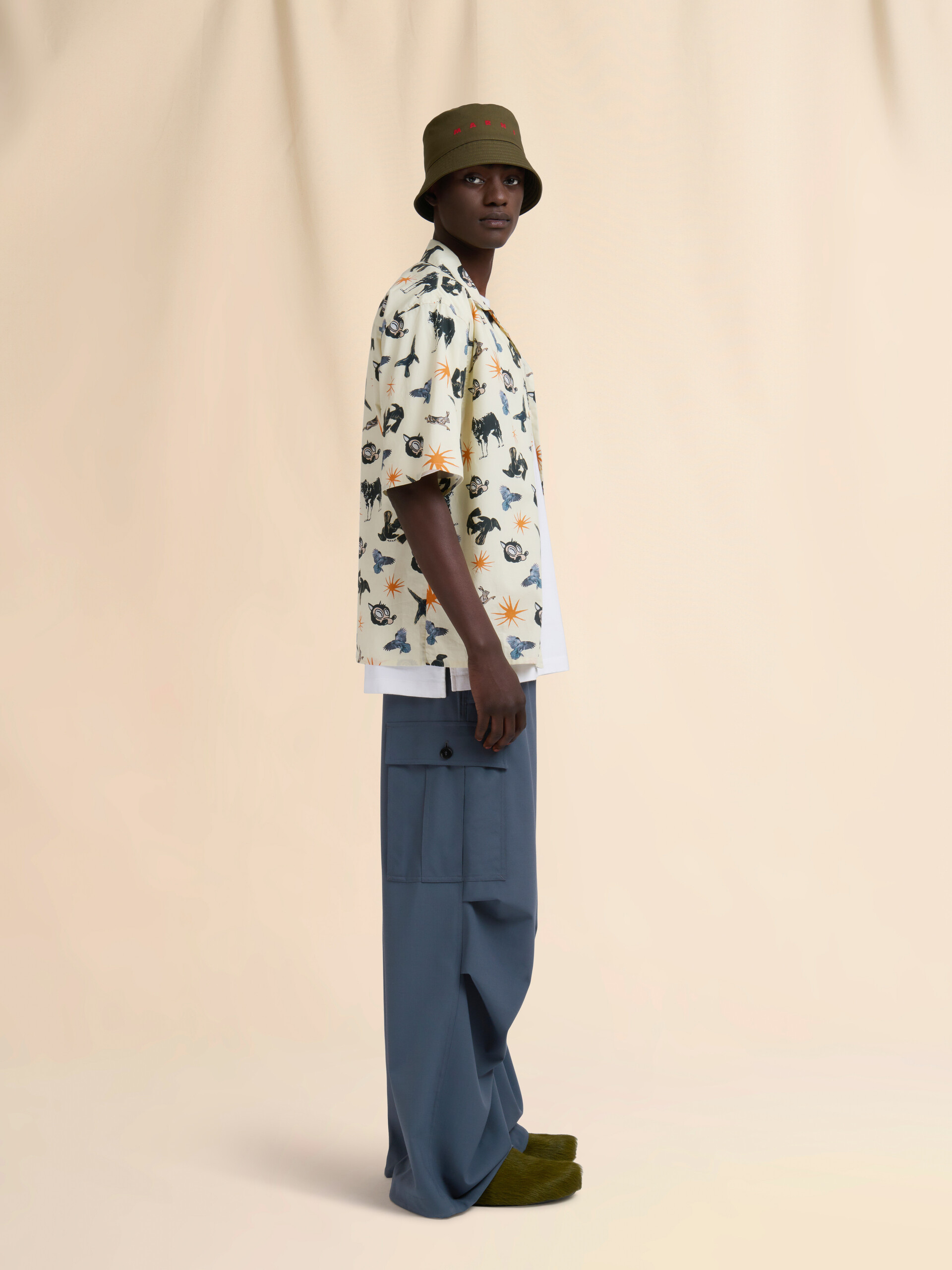 Chemise bowling en coton bleu avec imprimé loups et corbeaux - Chemises - Image 5