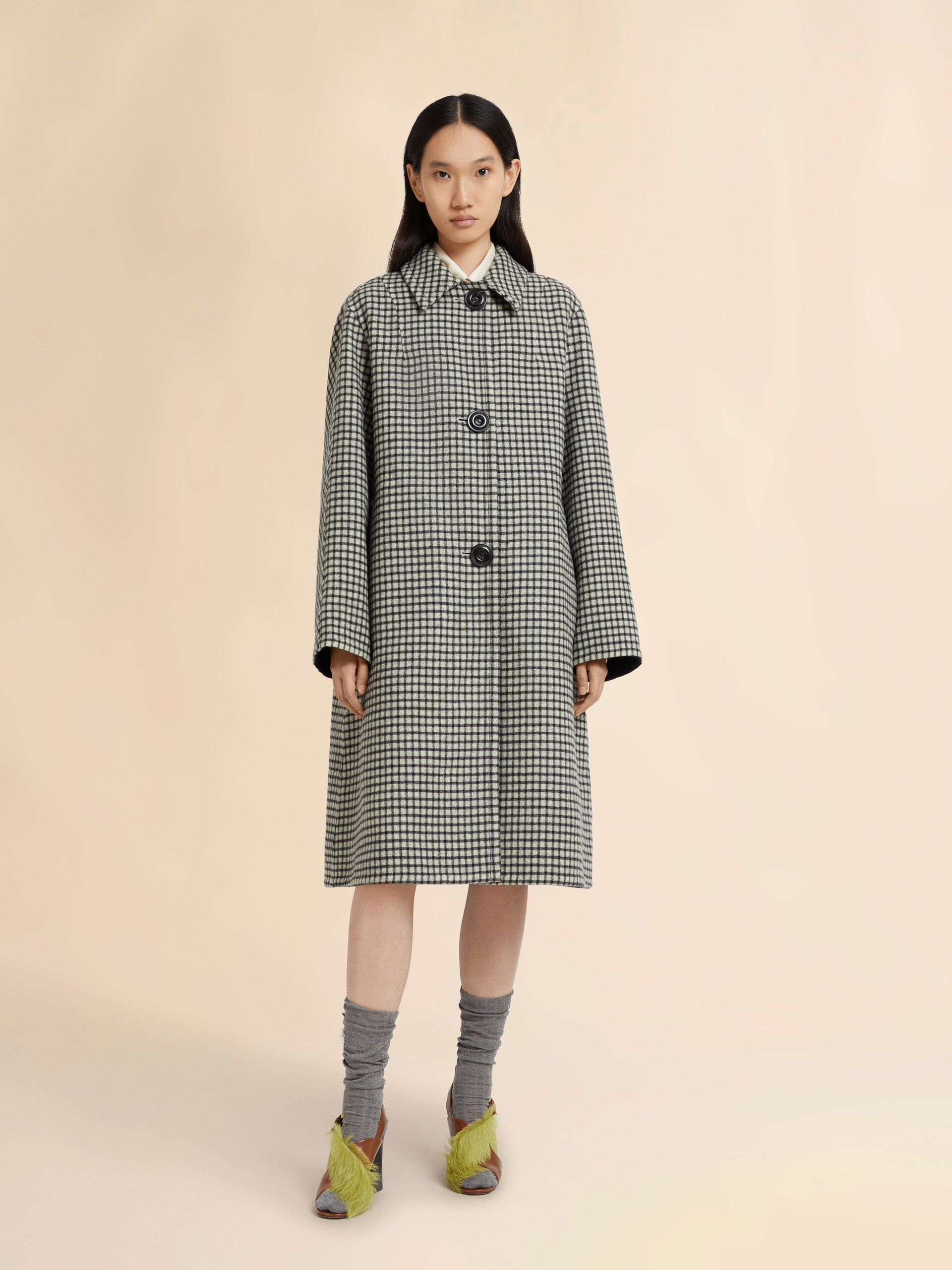 Beige felt coat with checked pattern - Coats - Image 2
