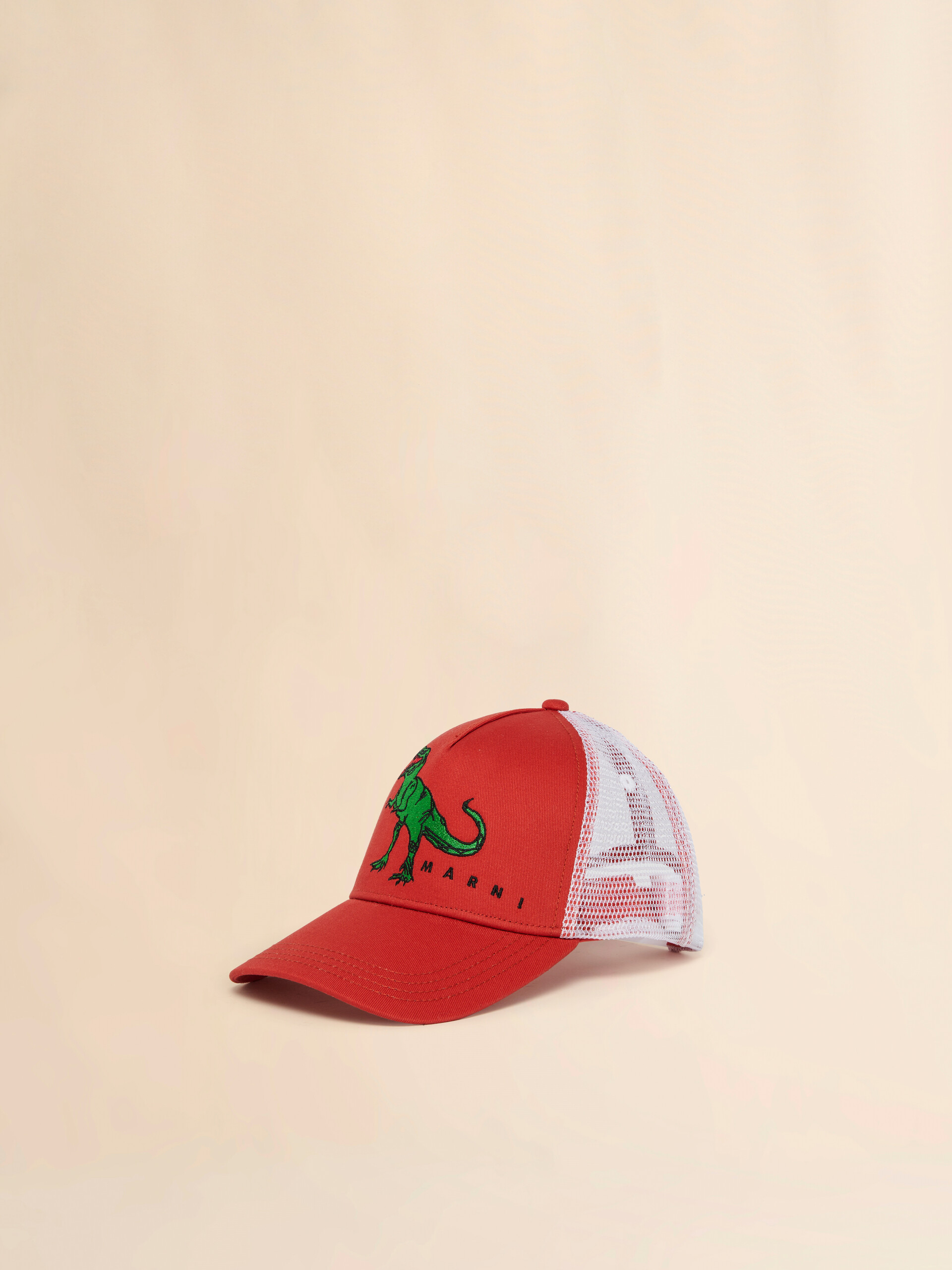 Red cotton baseball cap with embroidered T-rex - Caps - Image 1