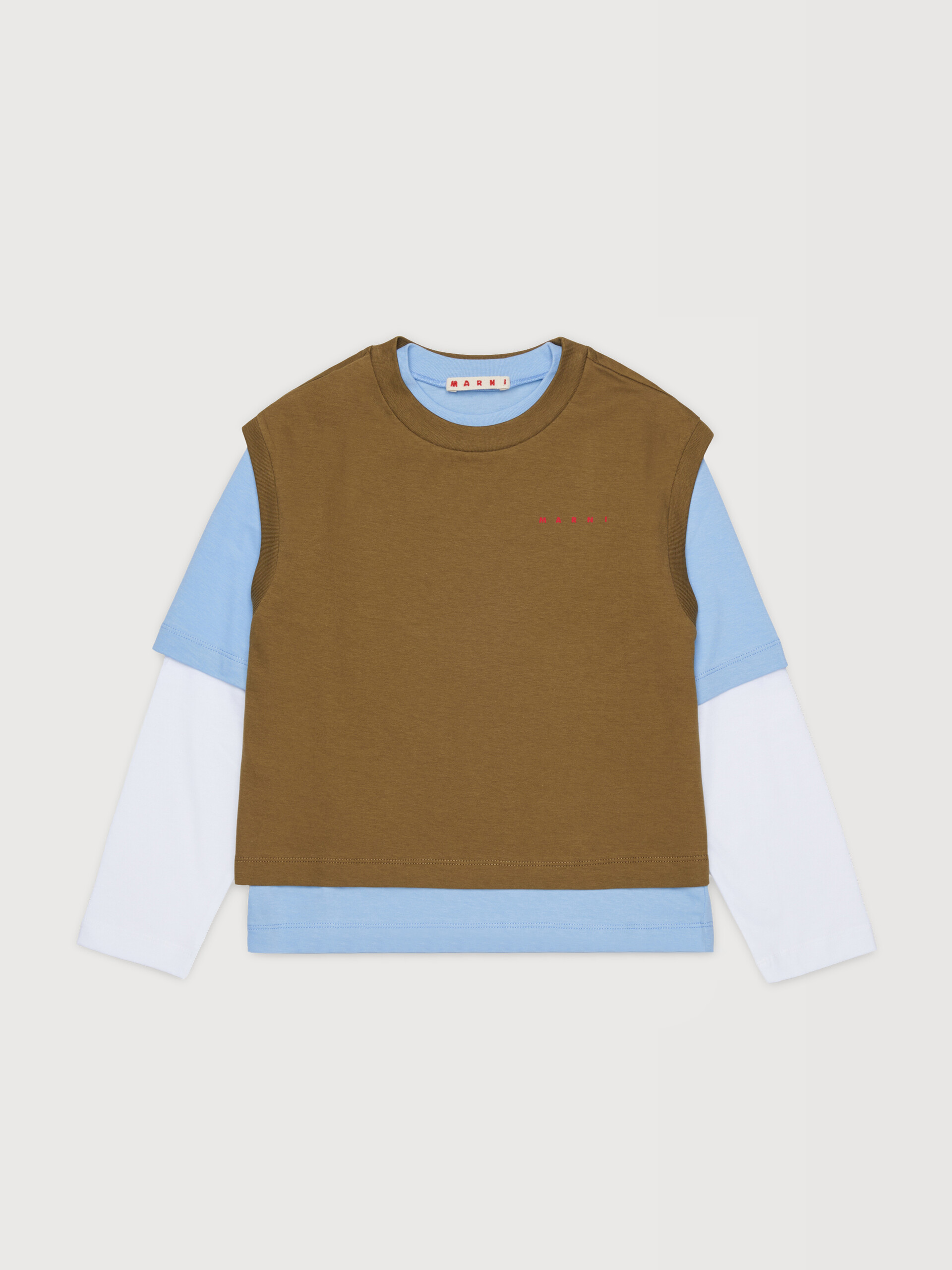 Brown light blue and white cotton T-shirt with layered effect - T-shirts - Image 1