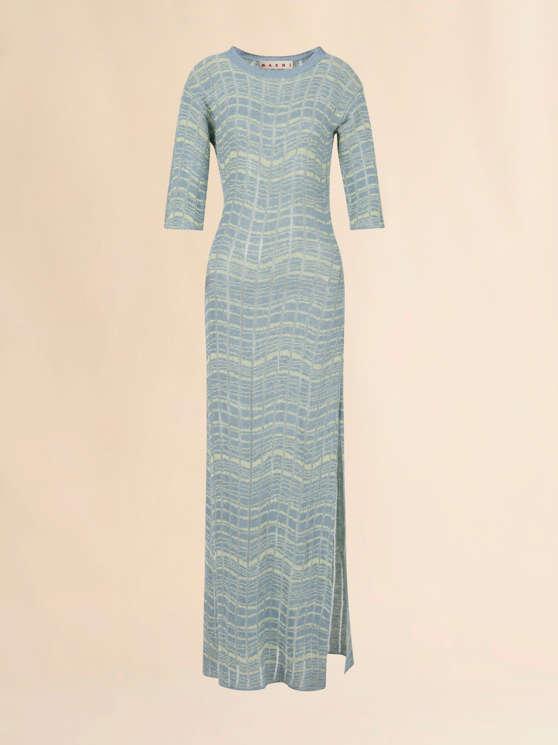Blue ribbed linen dress with wavy pattern - Dresses - Image 1