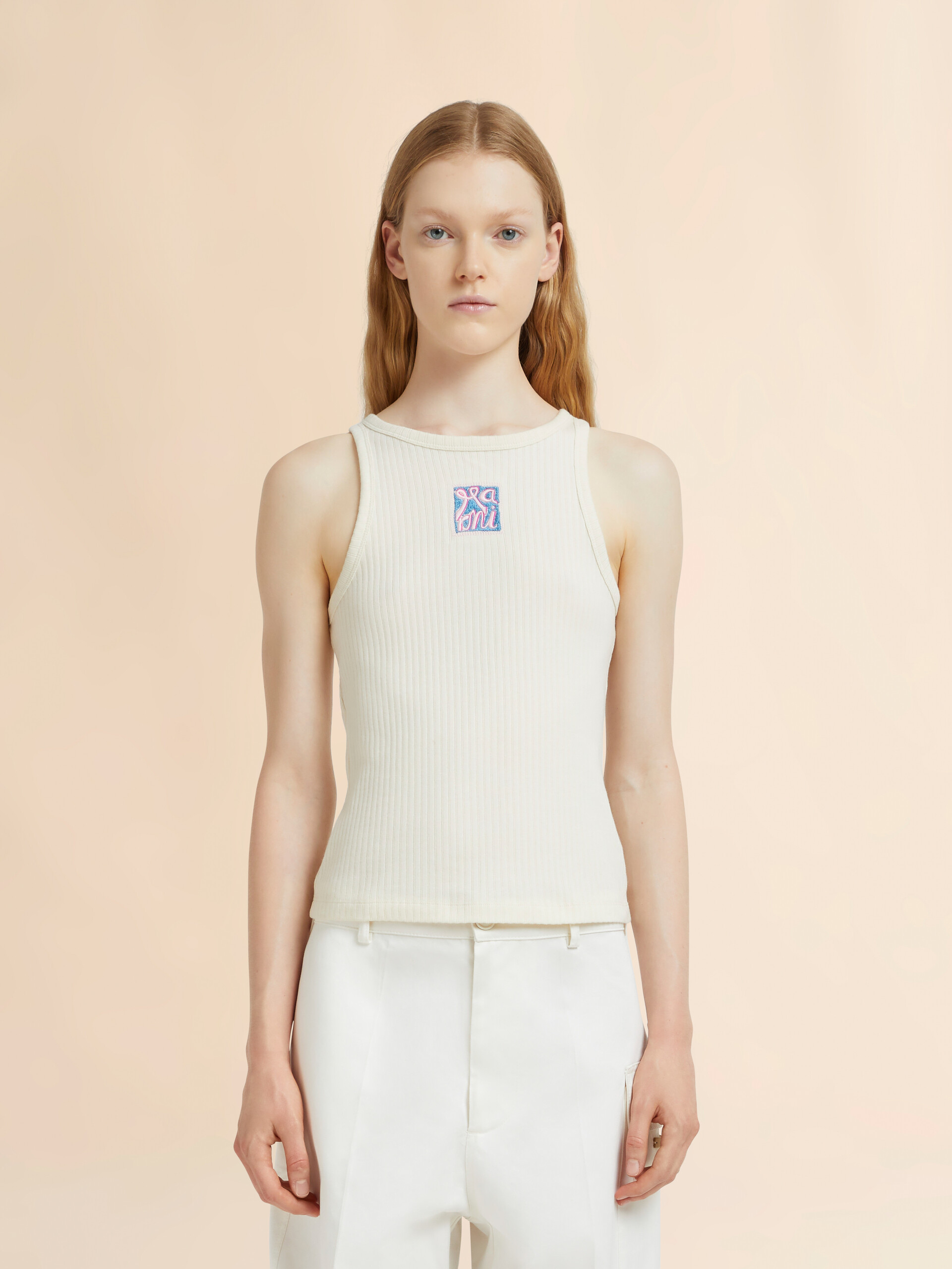 Cream ribbed cotton tank top with Marni Frame logo - T-shirts - Image 2