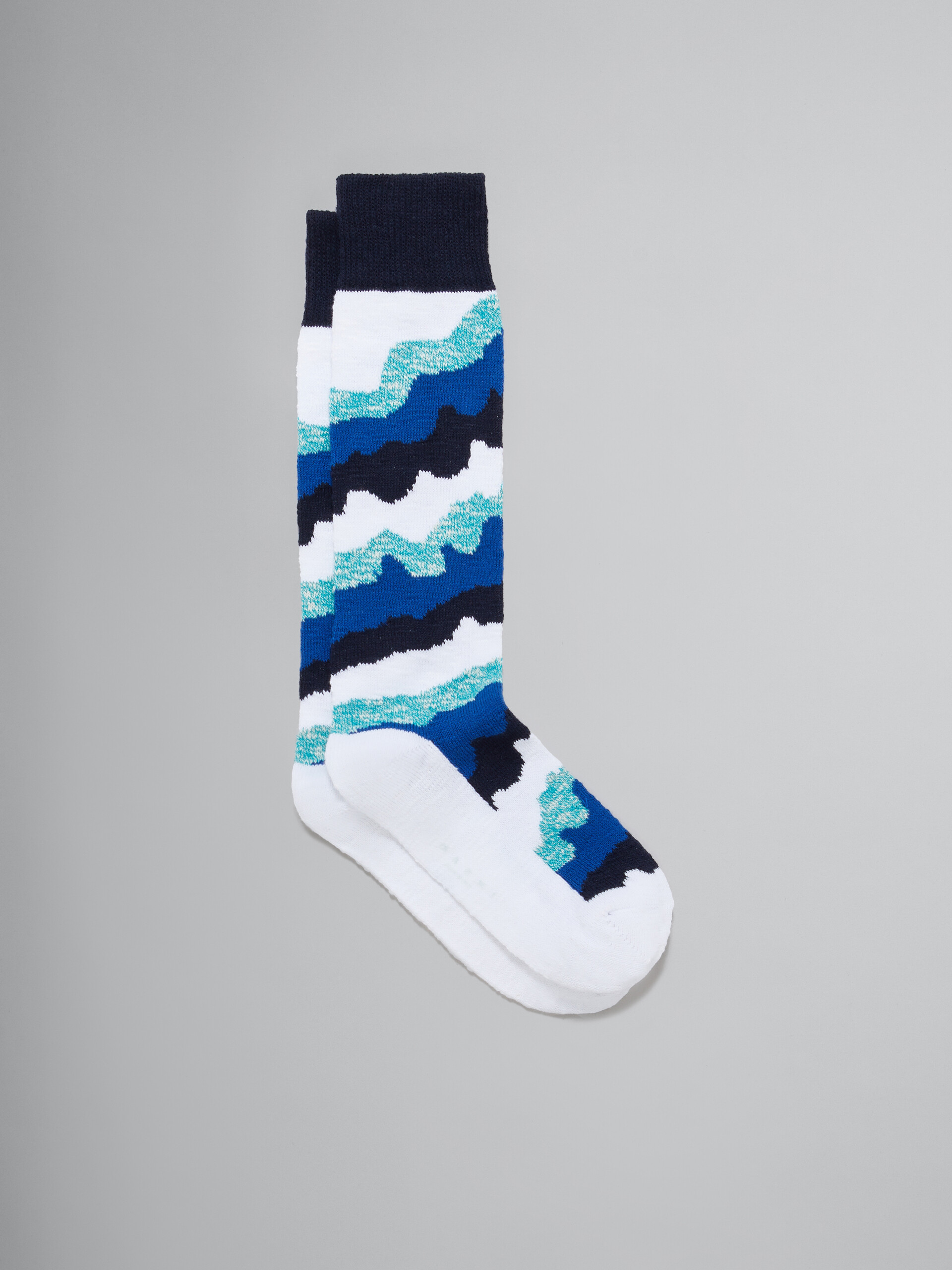 Blue cotton socks with wavy intarsia motif - Socks - Image 1