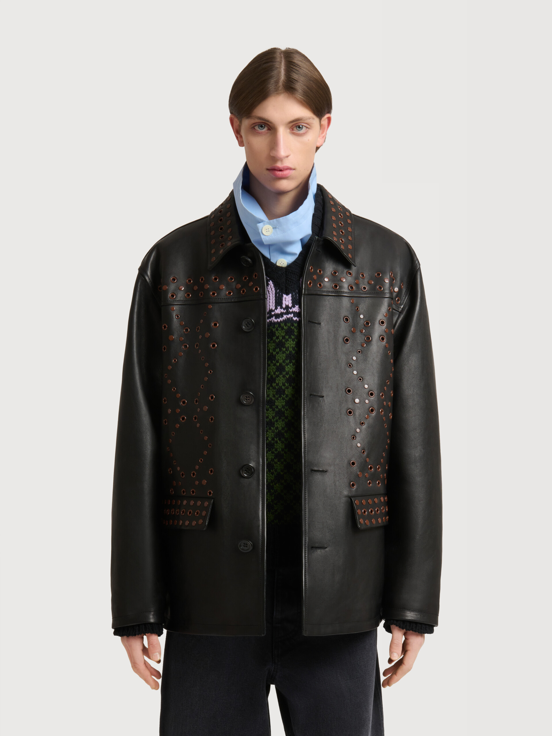 Black leather jacket with studded front - Jackets - Image 2