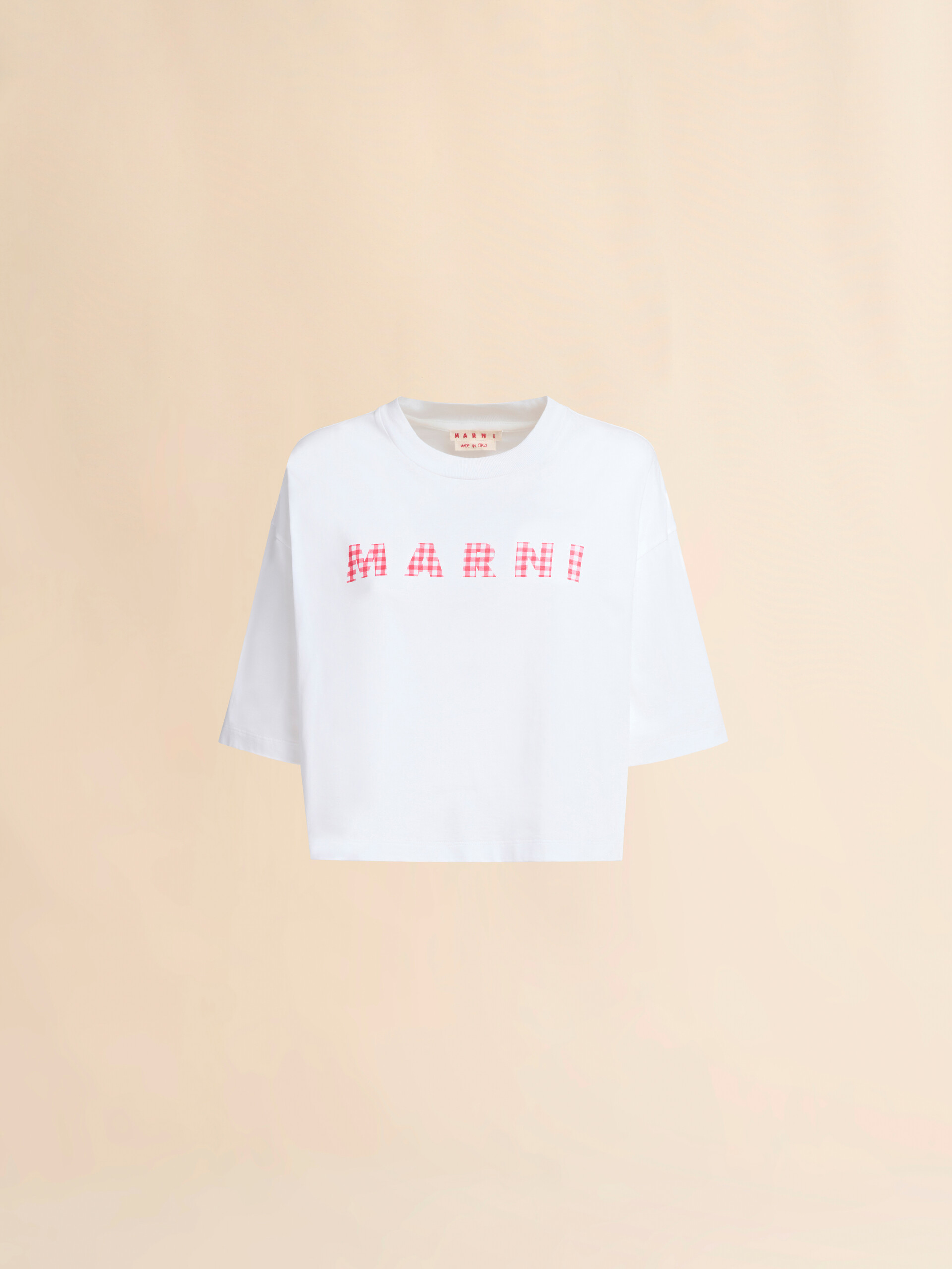 White jersey cotton T-shirt with checked Marni logo - T-shirts - Image 1